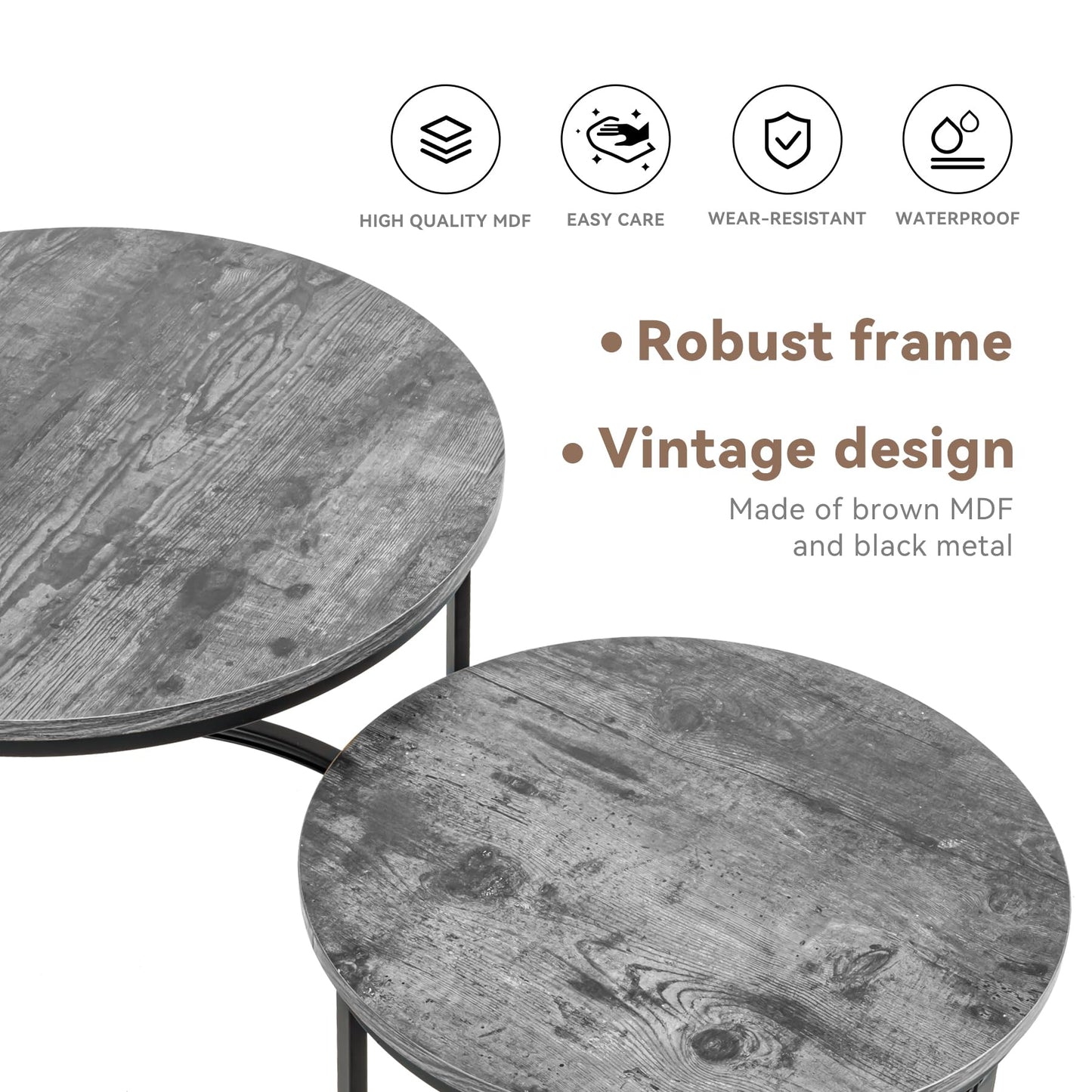 Hawthyhome Coffee Tables, Round Nesting Tables Tet of 2, Modern Side Tables with Metal Frame, Industrial Stacking End Tables for Living Room Bedroom Office, 60 * 60 * 45cm, Brown