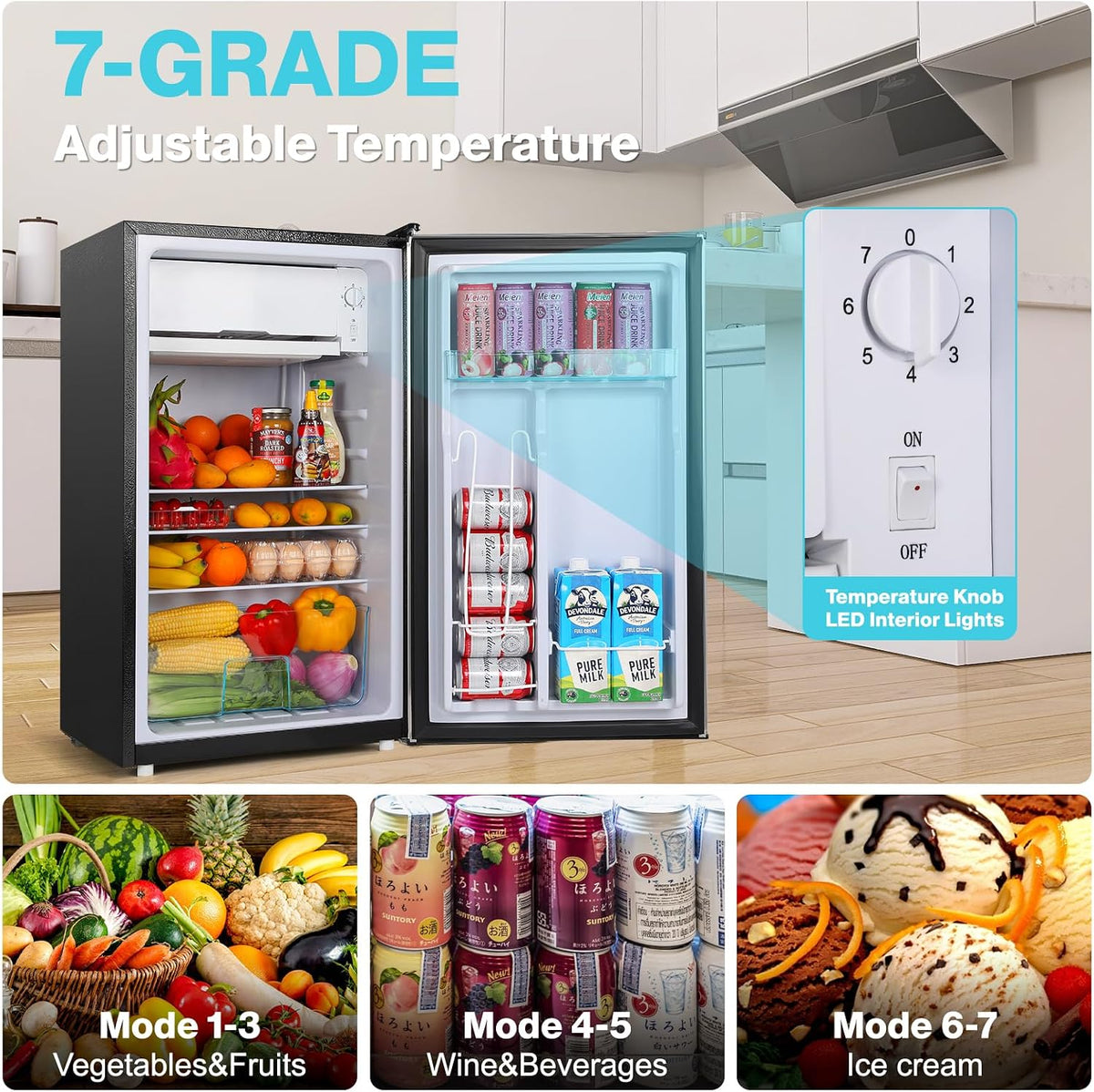 YASHE 92L Mini Fridge with Freezer, Single Door Compact Refrigerator, Small Fridge with Adjustable Thermostat, Large Capacity, Reversible Door, Mini Refrigerator for Bedrooms, Offices, Dorms, Silver