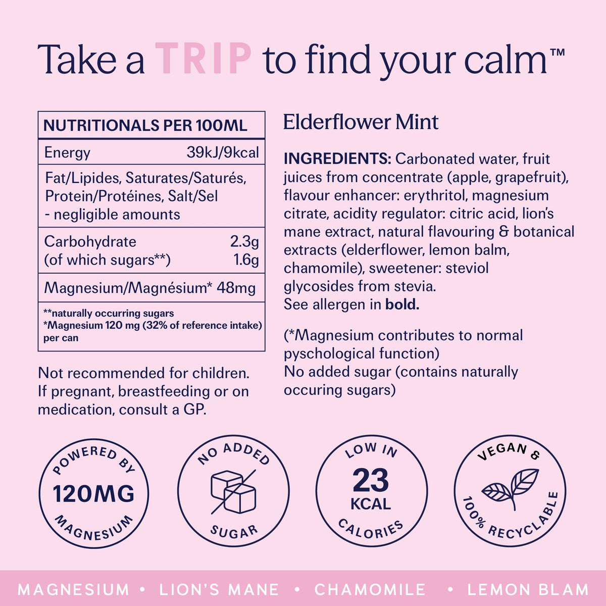 TRIP Cucumber Mint Sparkling drink with 120MG calming Magnesium + Lion’s Mane + Chamomile + Lemon Balm. Low Calorie and Vegan (Pack of 12 x 250ml) - Packaging Might Vary