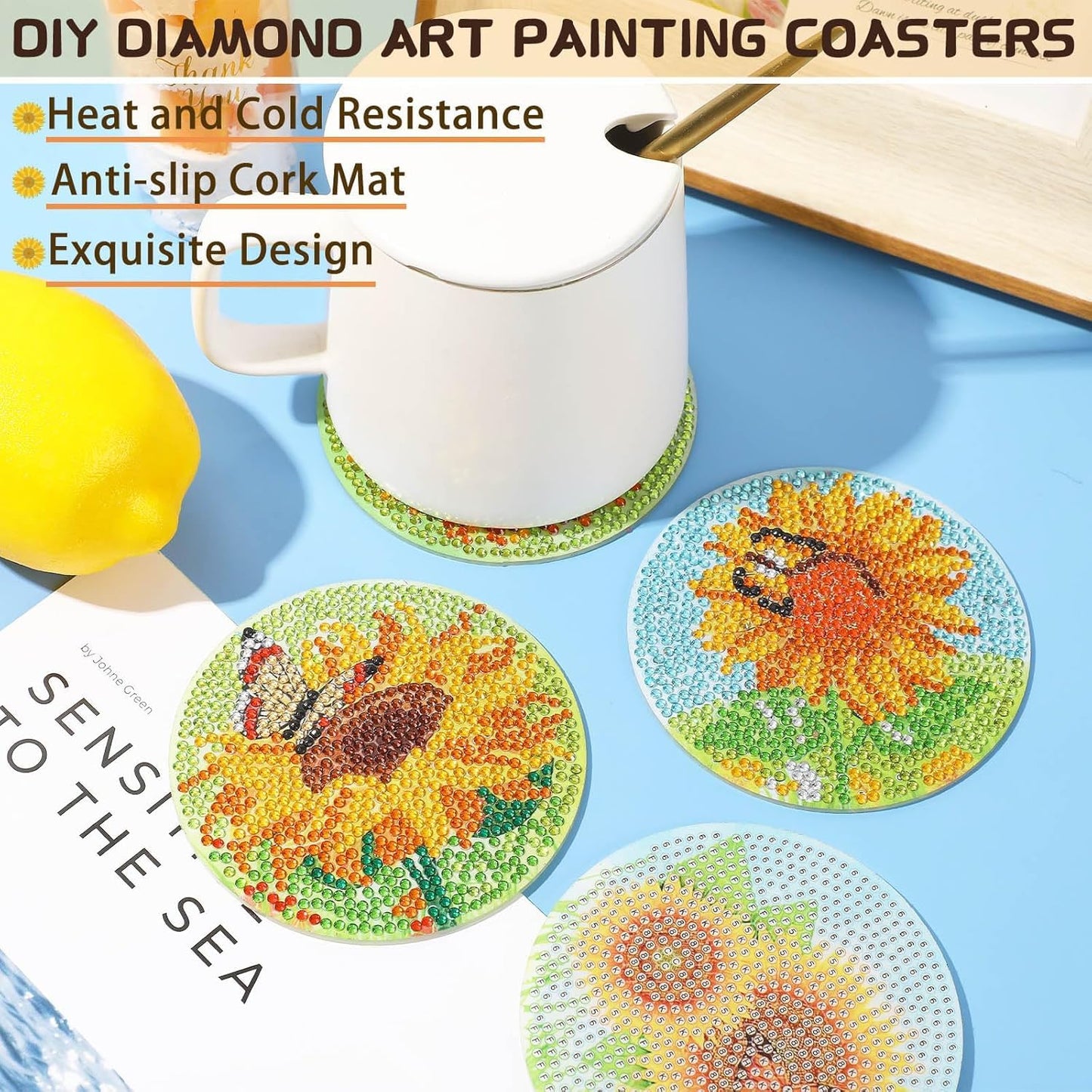 8 Pcs Flowers Diamond Art Coasters Kits for Adults Begainners,Full Drill Diamond Painting Coasters Kit with Holder,DIY Gem Painting Craft Kits for Adults Supplies Gift (Flowers).