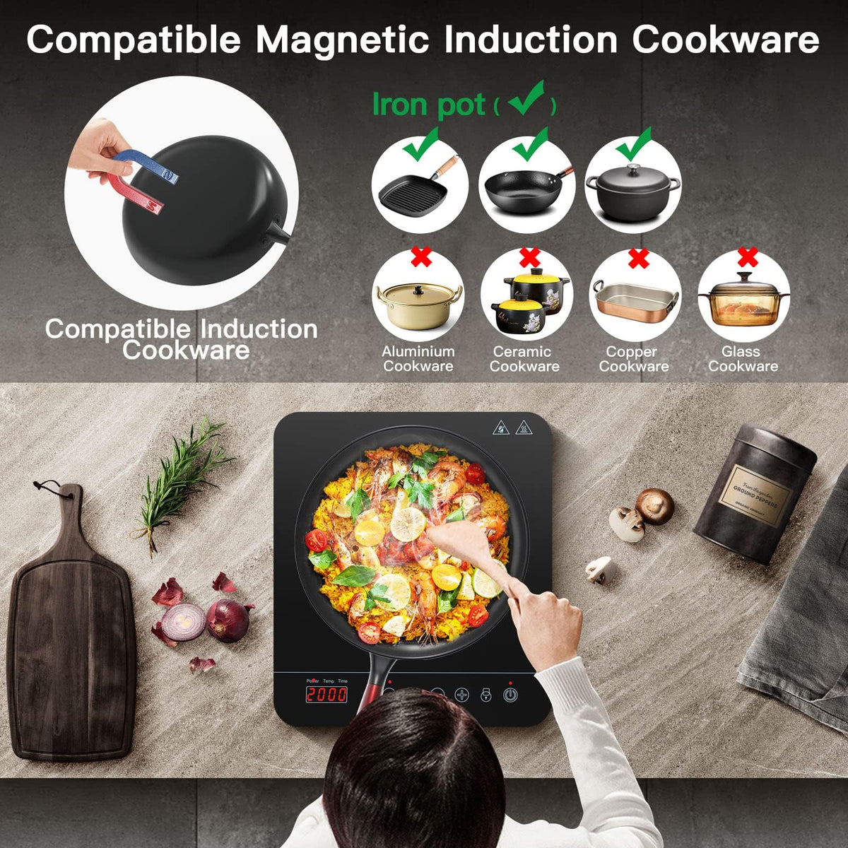 Aobosi Single Induction Cooker,Portable Induction Hob with Ultra-thin Body(32 * 26 * 4.2),20 Power and Temperature levels,Booster Function 2000W,Safety Lock,10H Timer,Black