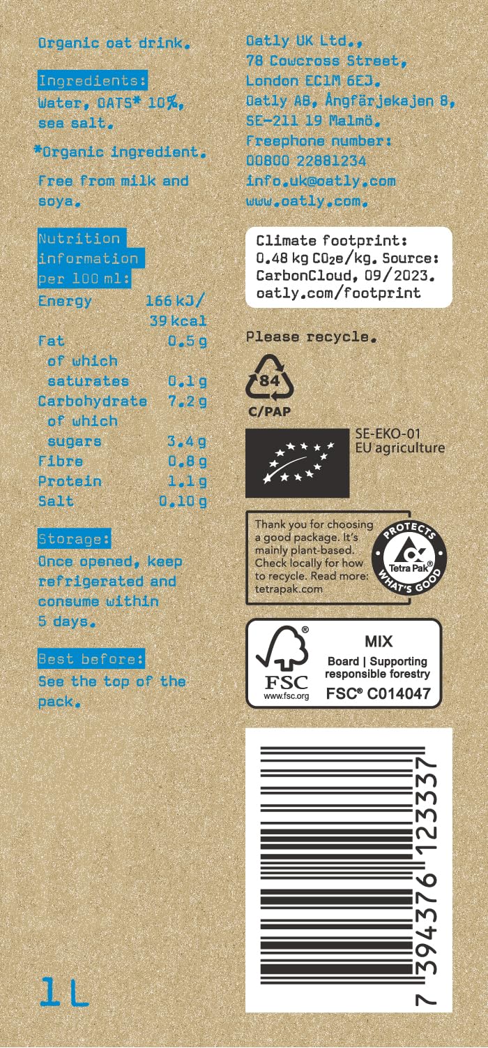 Oatly Whole Oat Drink 1 Litre (Pack of 6)