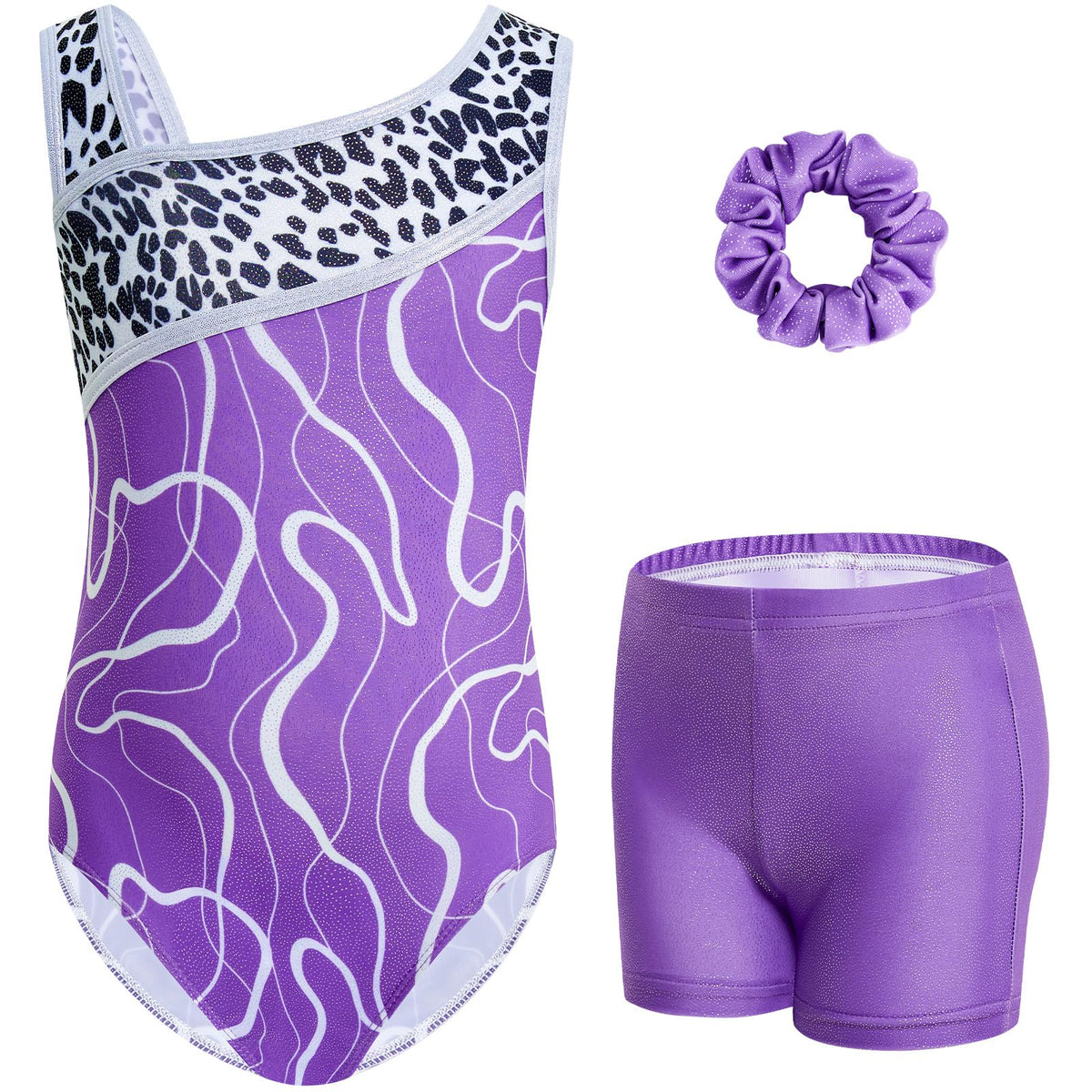 Gogokids Girls' Three-Piece Gymnastics Set, Sleeveless Leotards with Shorts and Hairband, Sparkling Ballet Dancing Unitards - Gymnastics Outfit with Gradient Color Design for 3-12 Years