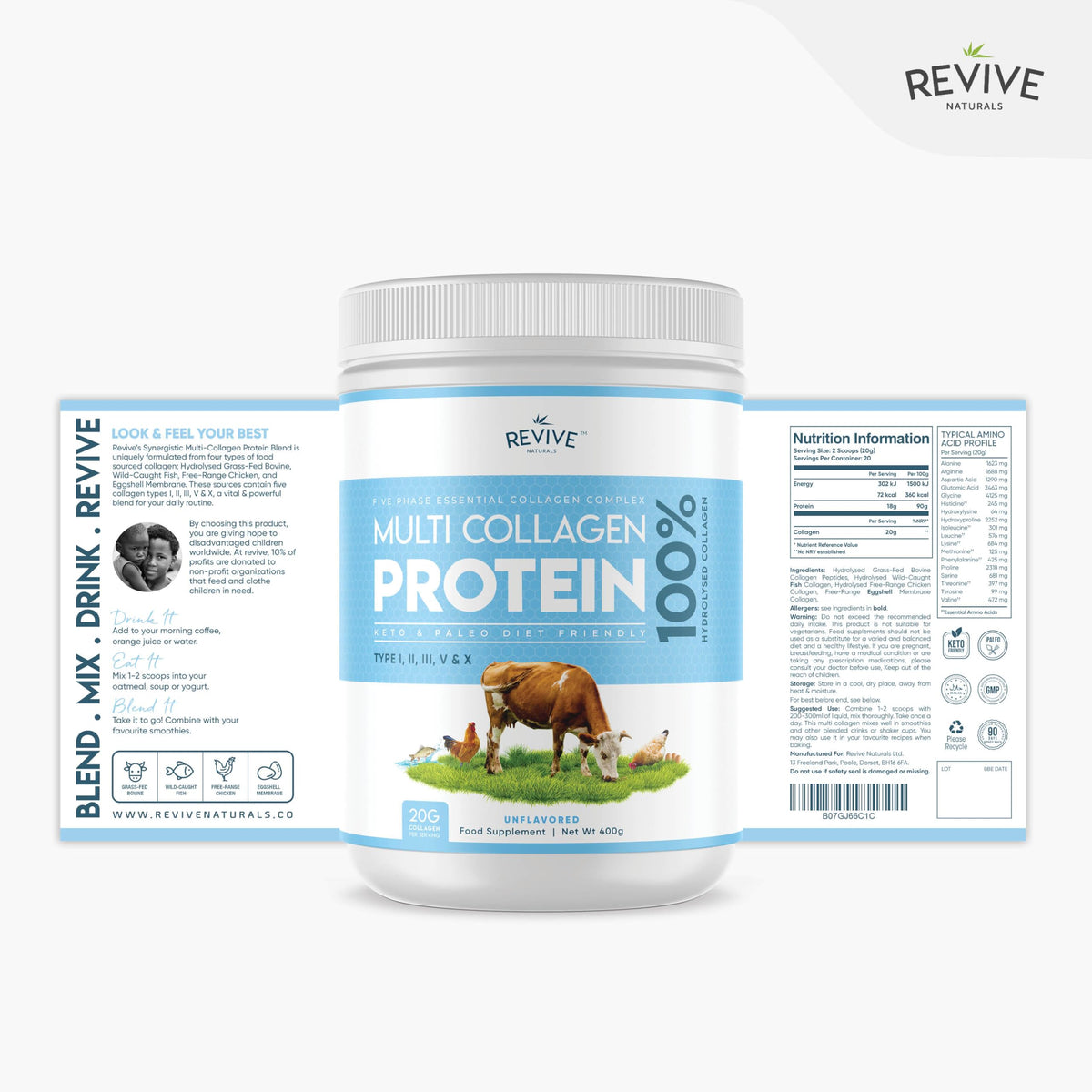 Multi Collagen Protein Powder 400g - Types I, II, III, V & X - Hydrolyzed Grass Fed Bovine, Wild Caught Fish, & Free-Range Chicken & Eggshell Collagen by Revive Naturals