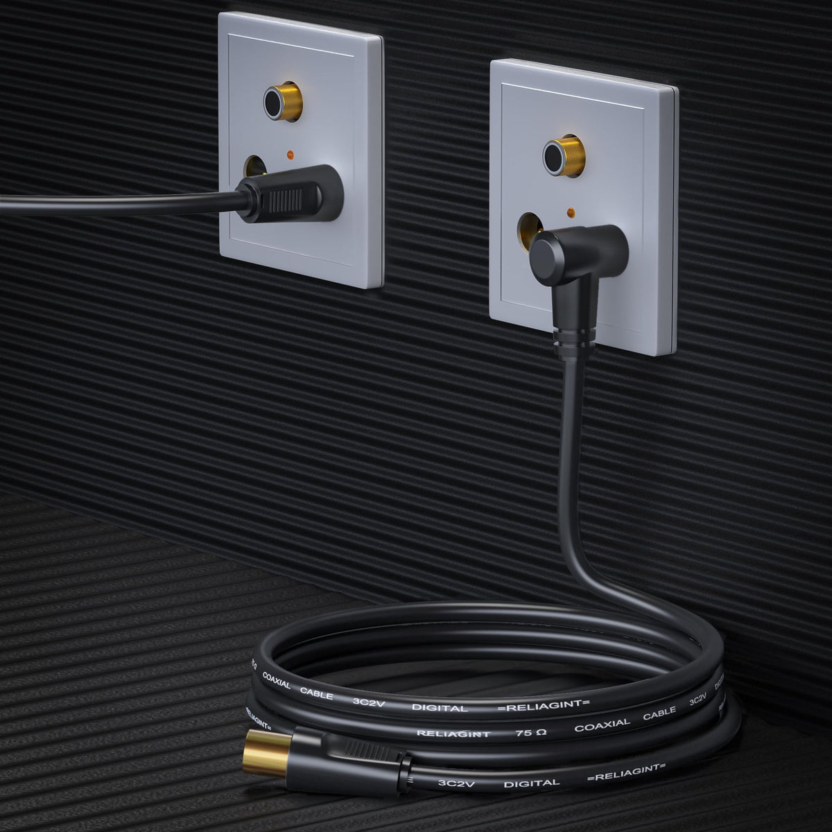 TV Aerial Cable 1m, 75 Ohm Coaxial Lead, IEC 9.5mm Male to Male 3C2V Pure Copper Dual Shielded, Right-Angle Connector, Female to Female Adaptor Included, Black