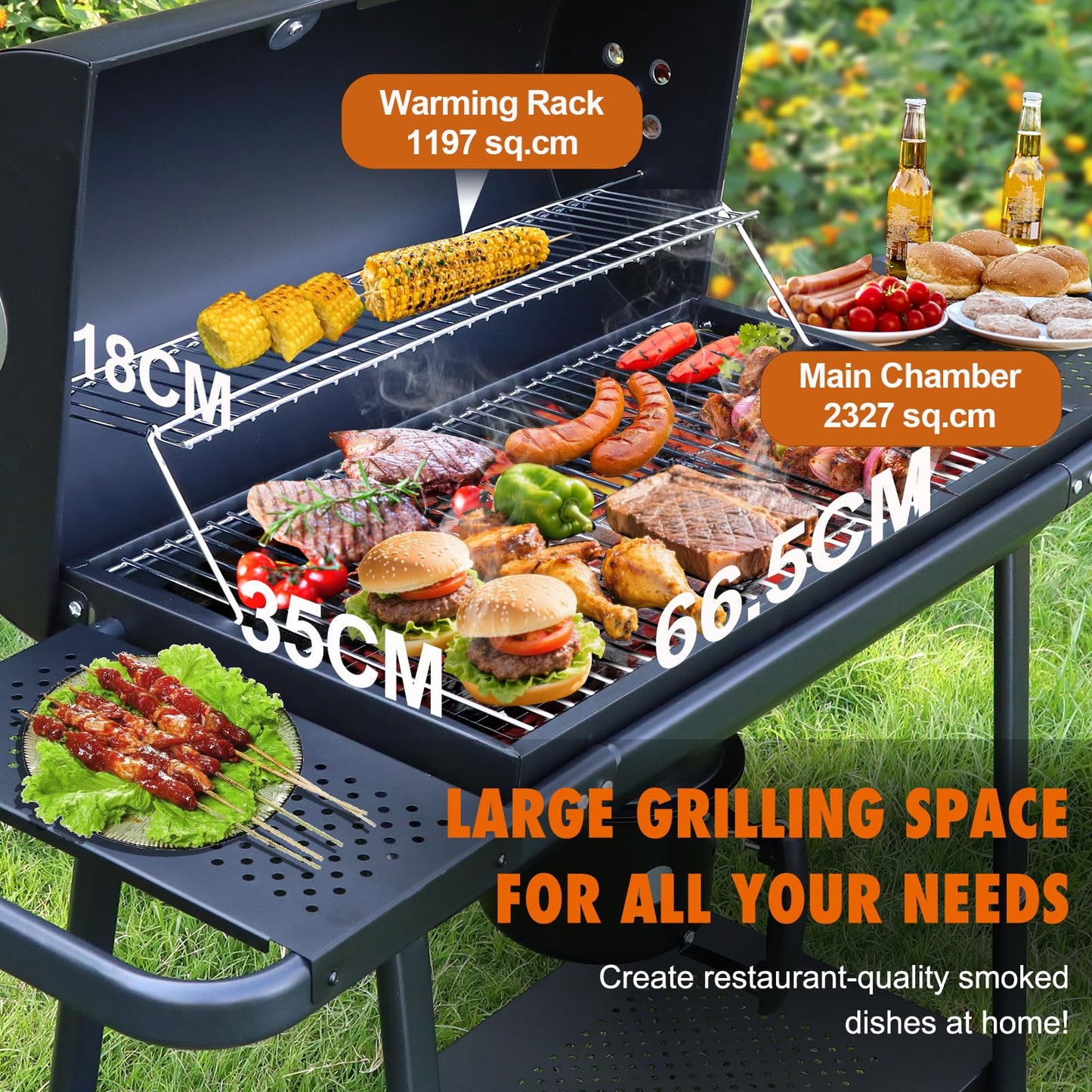 Charcoal BBQ Grill With Offset Smoker: Large Oil Drum Barbecue Barrel Grill For Outdoor Garden