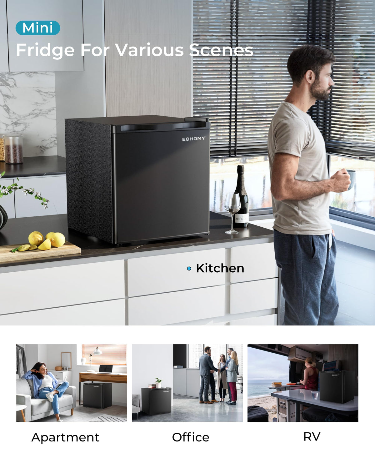 93L Under Counter Fridge, 38dB Ultra-Quiet Undercounter Mini Fridge, Black
