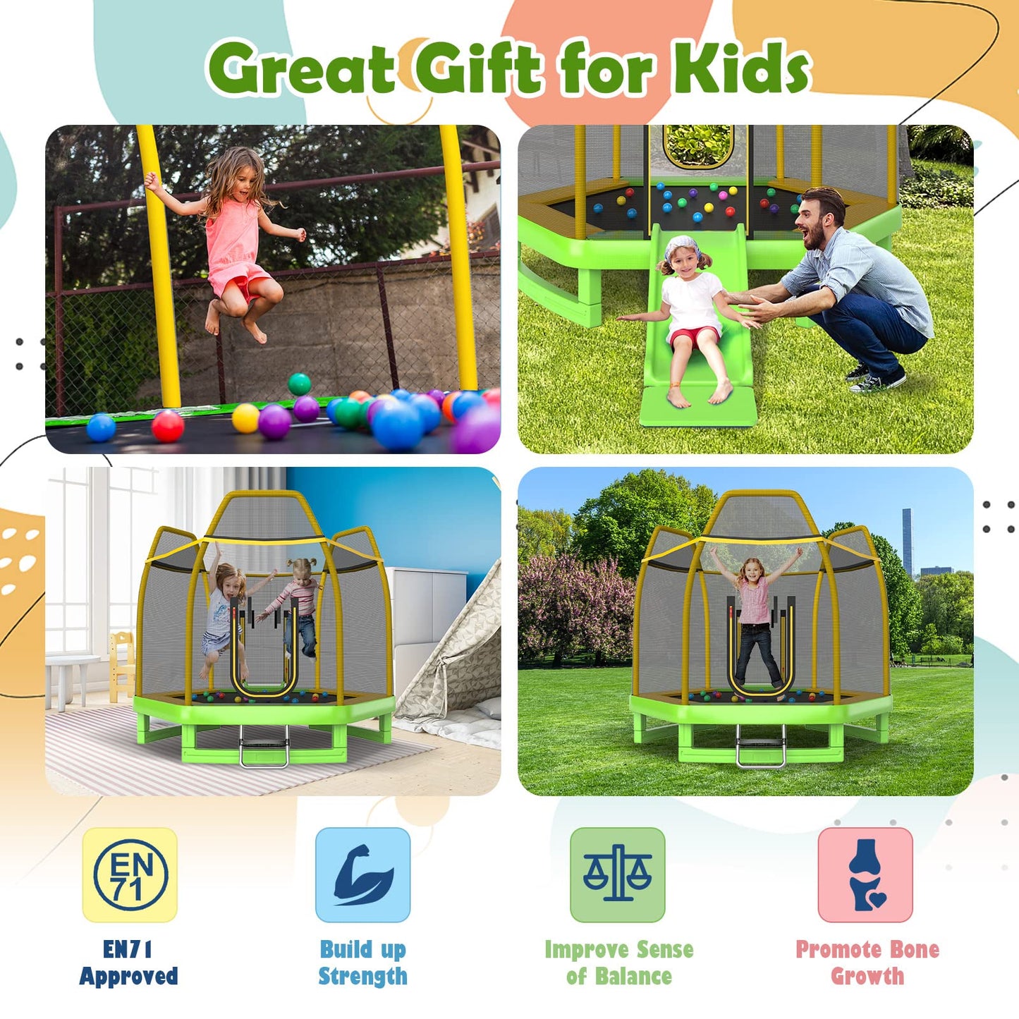 COSTWAY 7ft Kids Trampoline, Hexagonal Trampolines with Slide, Ladder, Safety Enclosure Net and Ocean Balls, Toddler Jumping House for Indoor Outdoor
