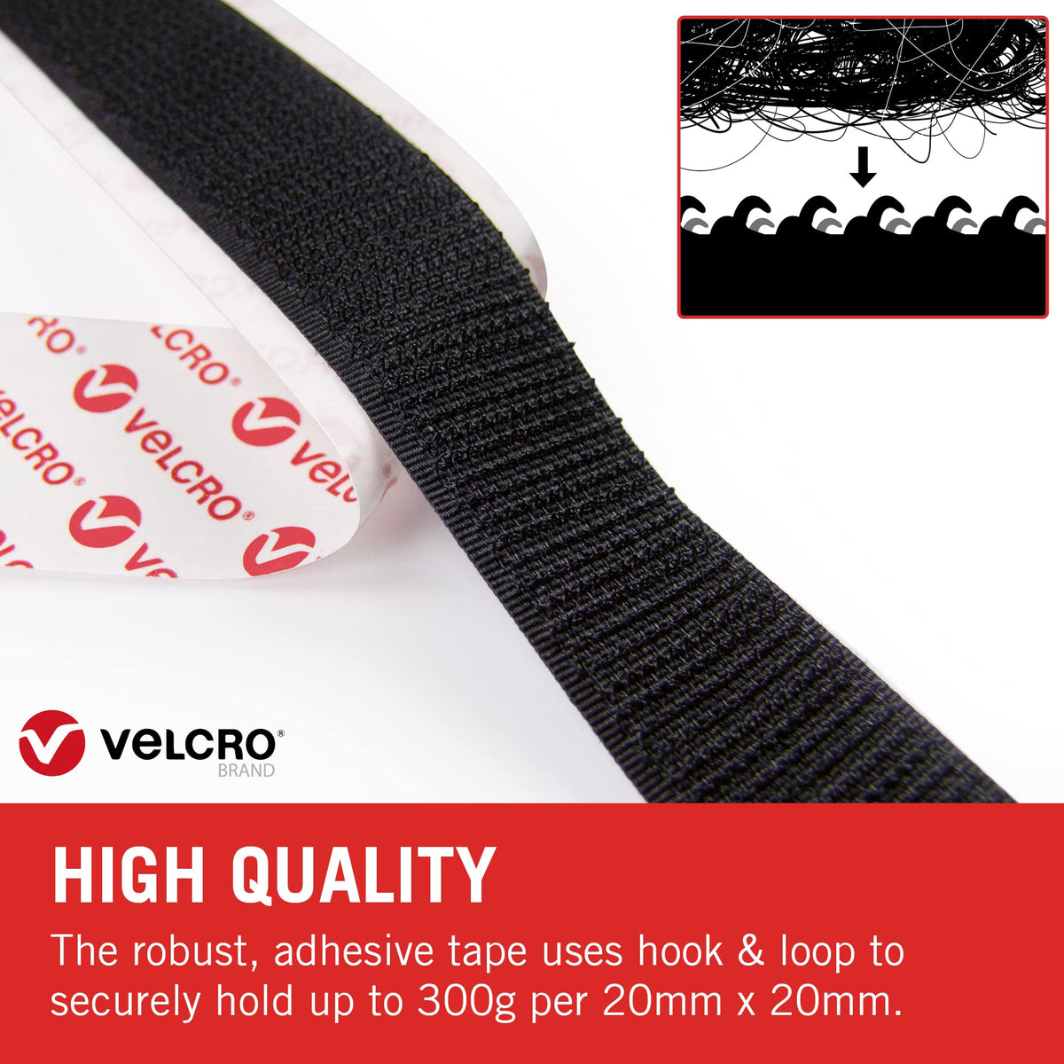 VELCRO® Brand | Stick On Tape | Cut-to-Length Strong Hook & Loop Self Adhesive Sticky Tape Perfect for Room Décor & Home, Office, Garage Use | Black | 20mm x 1m