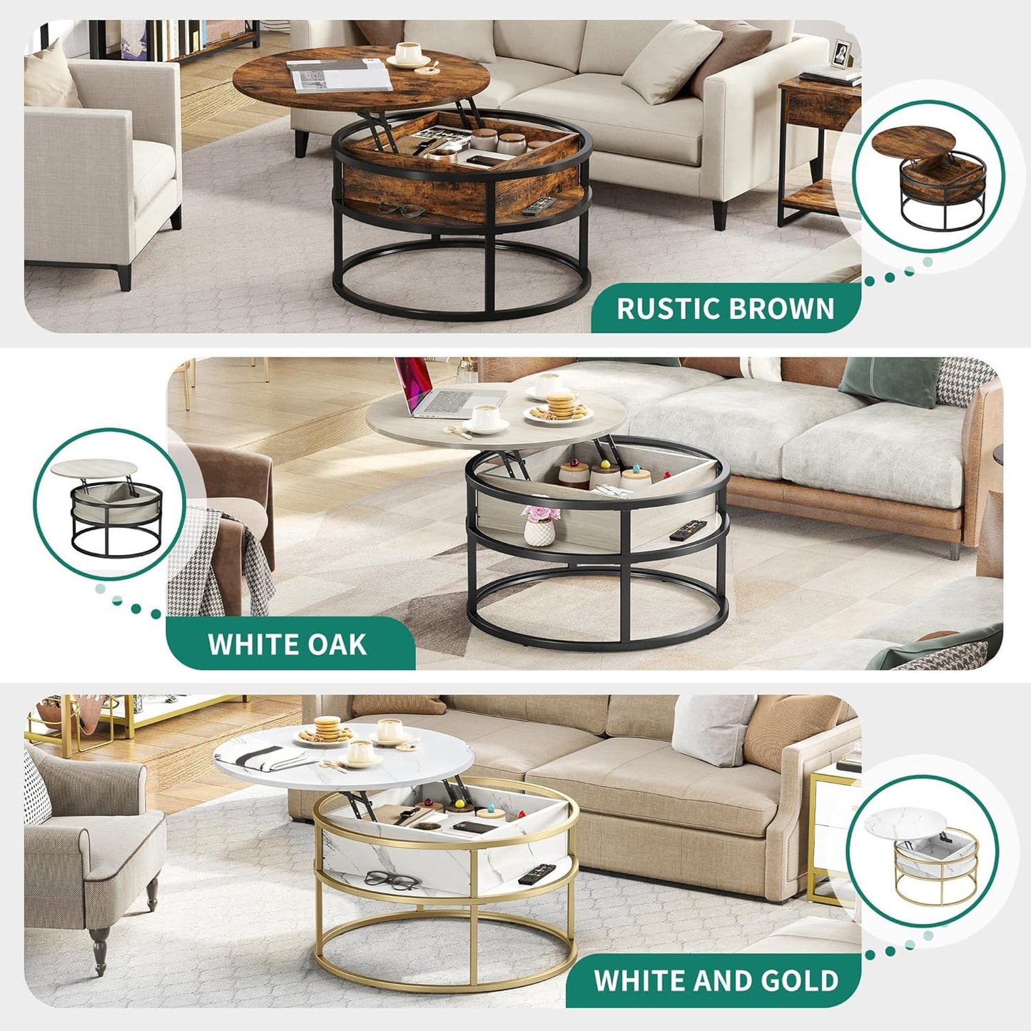 YITAHOME Coffee Table with Lift Top, lift up Coffee Table Round with Hidden Storage Compartment, 60x60x47cm