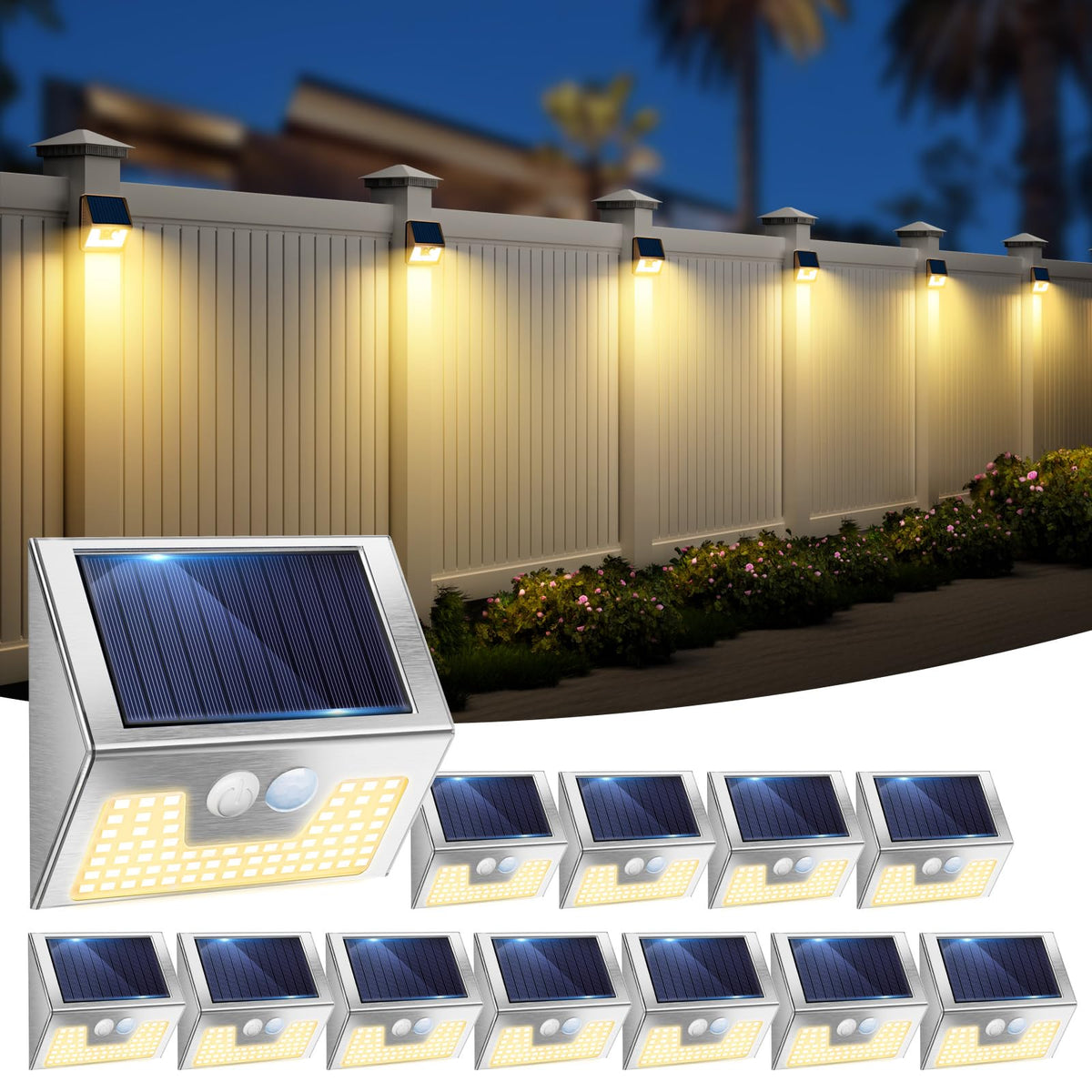 vighep Solar Security Lights Outdoor Motion Sensor, White 318LED Led Solar Powered Light with 3 Lighting Modes, IP65 Waterproof Wireless Pir Wall Light for Outside Garden Fence Yard-Warm White