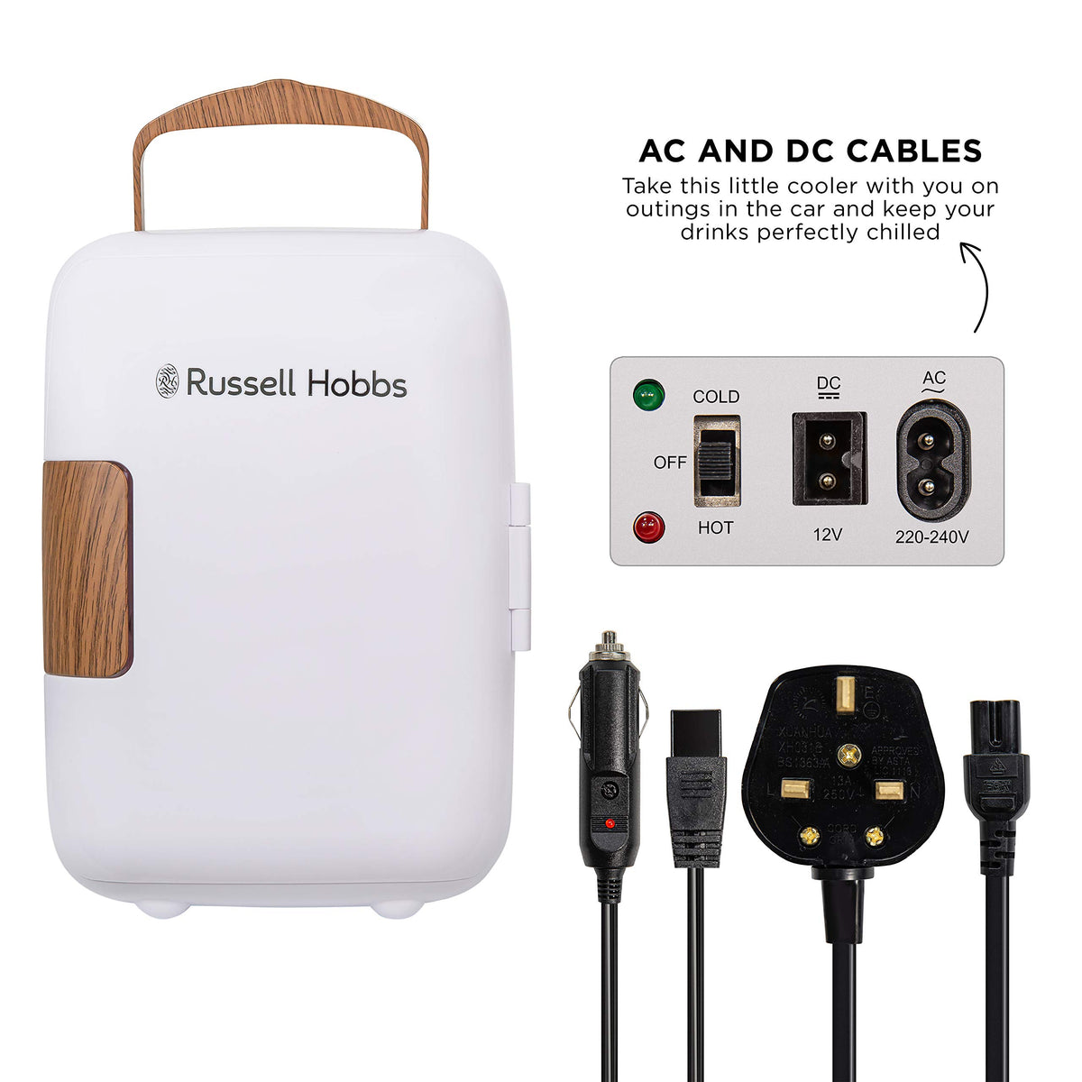 Russell Hobbs RH4CLR1001 4L/6 Can Portable Mini Cooler & Warmer for Drinks, Cosmetics/Makeup/Skincare, AC/DC Power, Retro Style, White, For Bedroom, Home, Caravan, Car