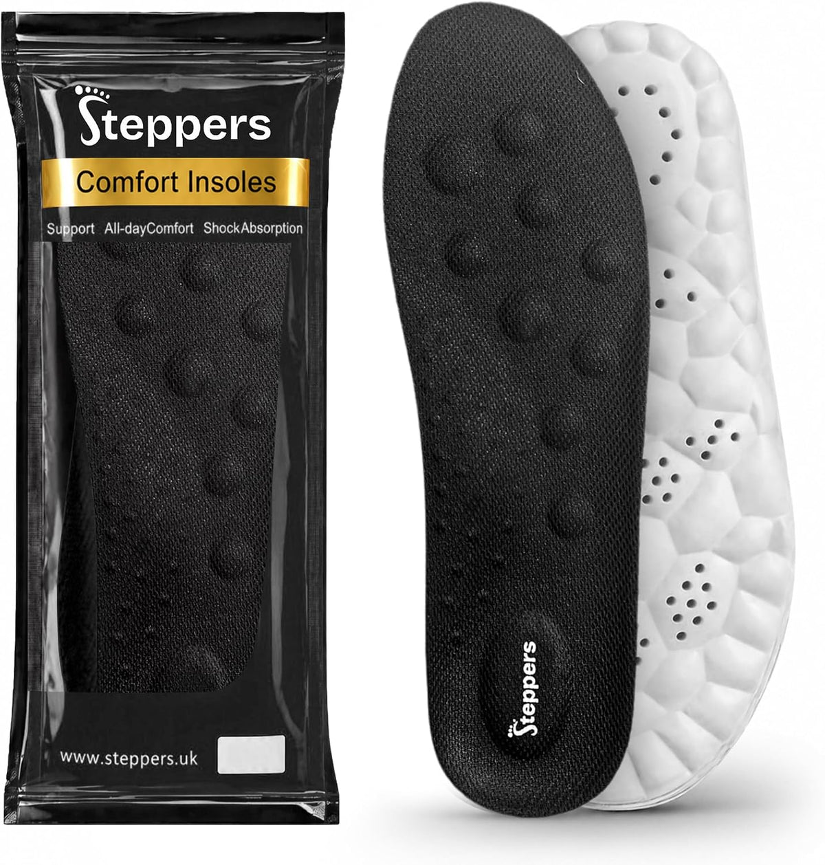 Original Steppers Insoles, 2026 4D Steppers Comfort Boosting Massage Insole, Memory Foam Thermal Insoles, Comfy Insole with Arch Support for Men and Women (Black, Small (EU 39-40))