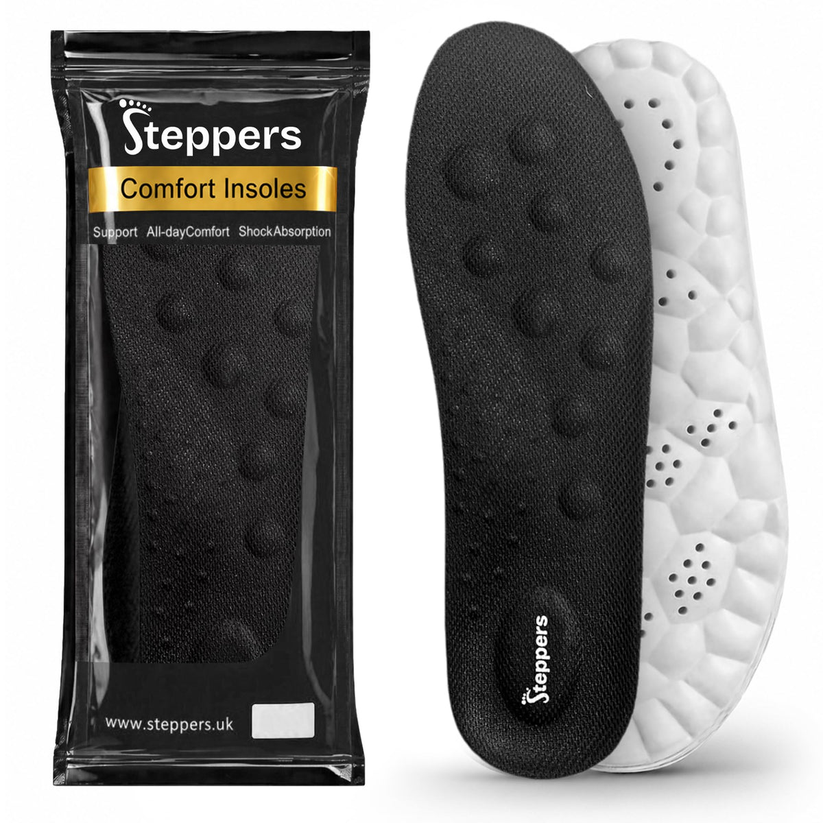 Original Steppers Insoles, 2026 4D Steppers Comfort Boosting Massage Insole, Memory Foam Thermal Insoles, Comfy Insole with Arch Support for Men and Women (Black, Small (EU 39-40))