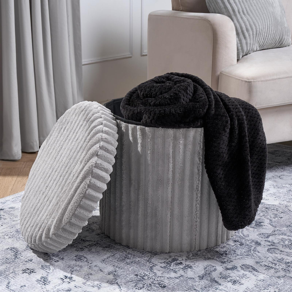 OHS Storage Box Lid Ottoman Folding Ribbed Fleece Footstool Tub Seat