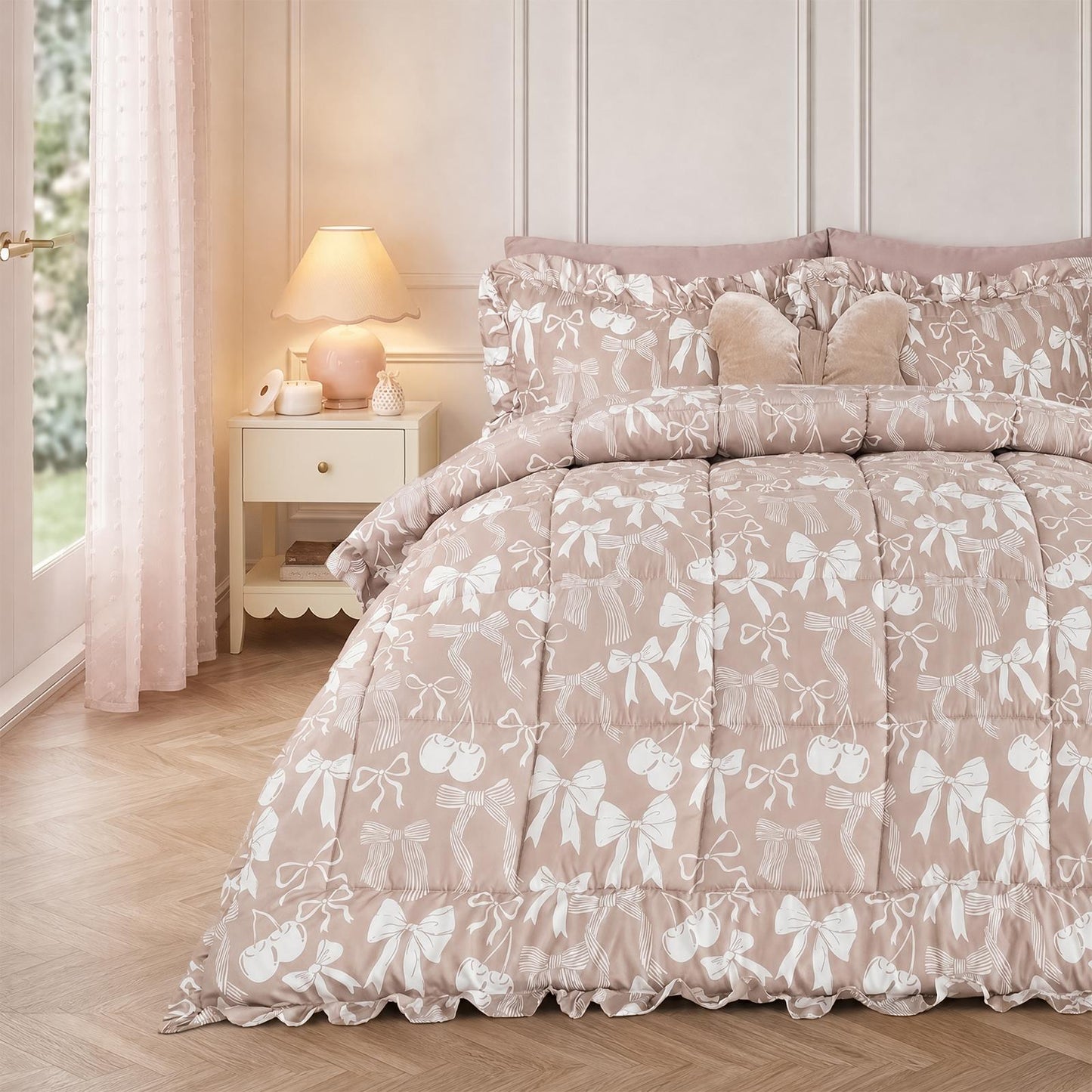 OHS Frill Edge Coverless 7.5 Tog Duvet Bows Print Bedding Set with Pillowcase