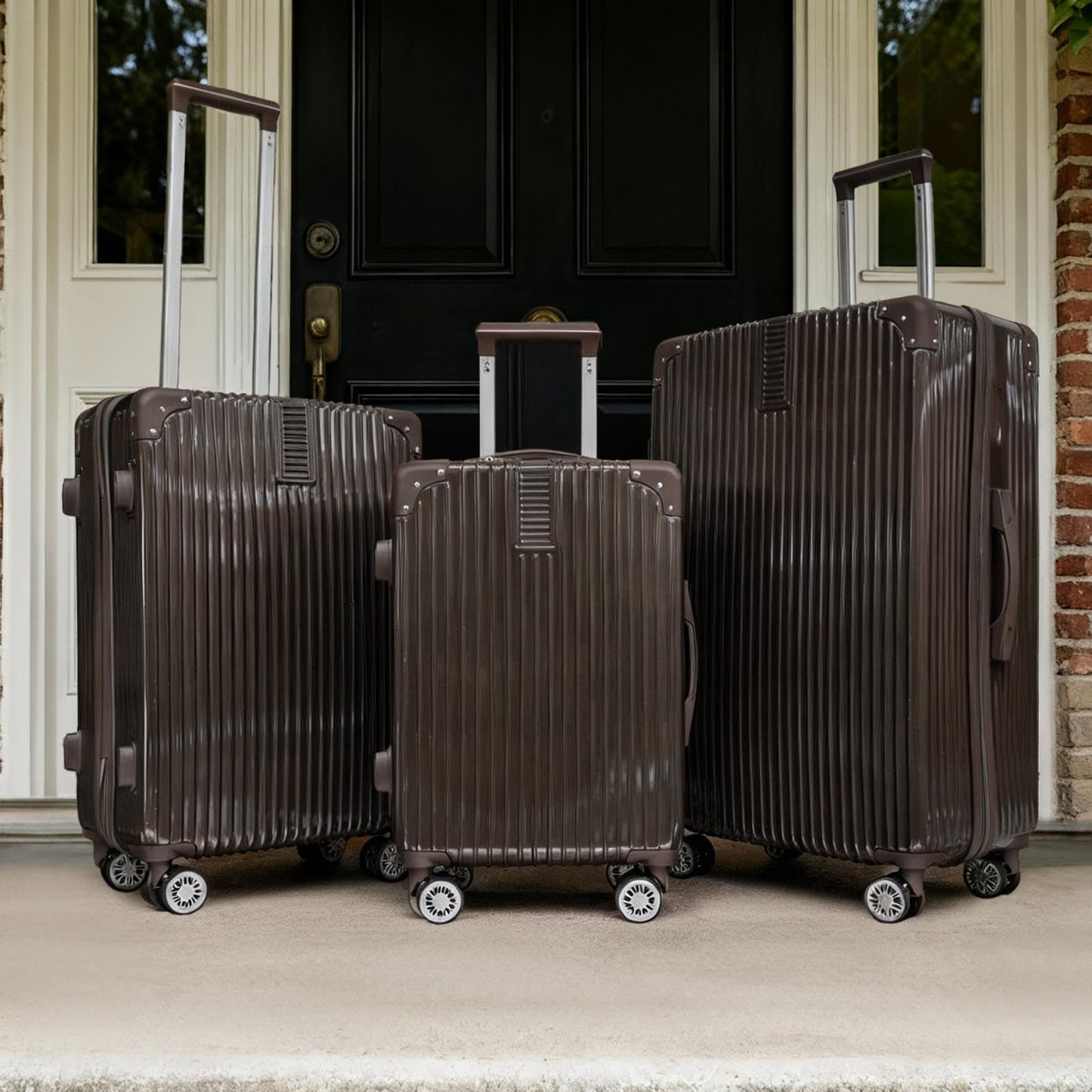 OHS Metallic Effect Suitcase Set 3-Piece Hard Shell Luggage 4 Wheel ABS