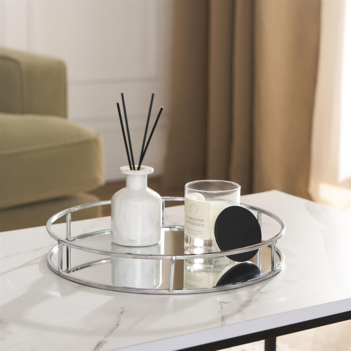 OHS Mirrored Serving Tray with Metal Frame Tealight Holder Vanity Display Plate