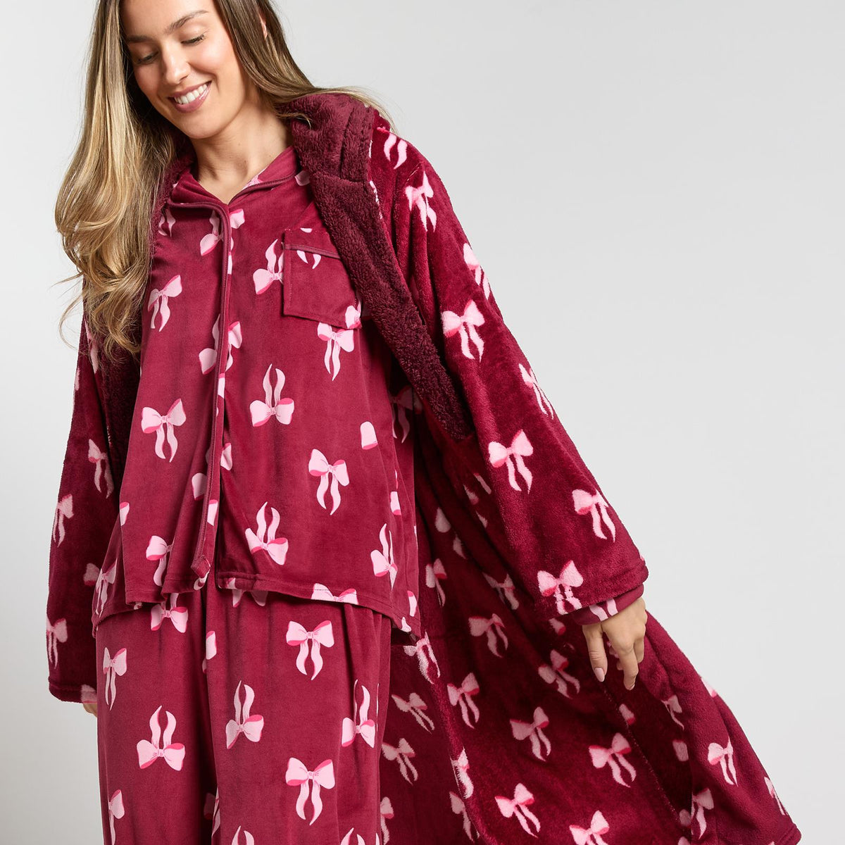 OHS Bows Dressing Gown Flannel Winter Sherpa Lined Loungewear Hooded Bathrobe