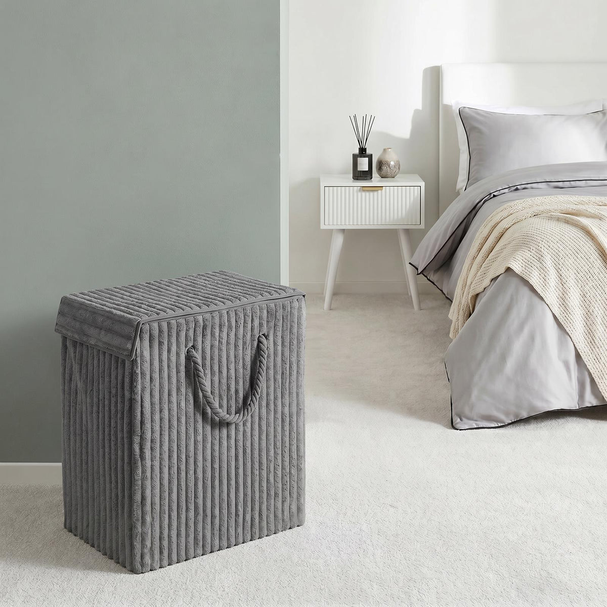 OHS Ribbed Laundry Basket with Lid Foldable Hamper Bag Washing Bin Storage