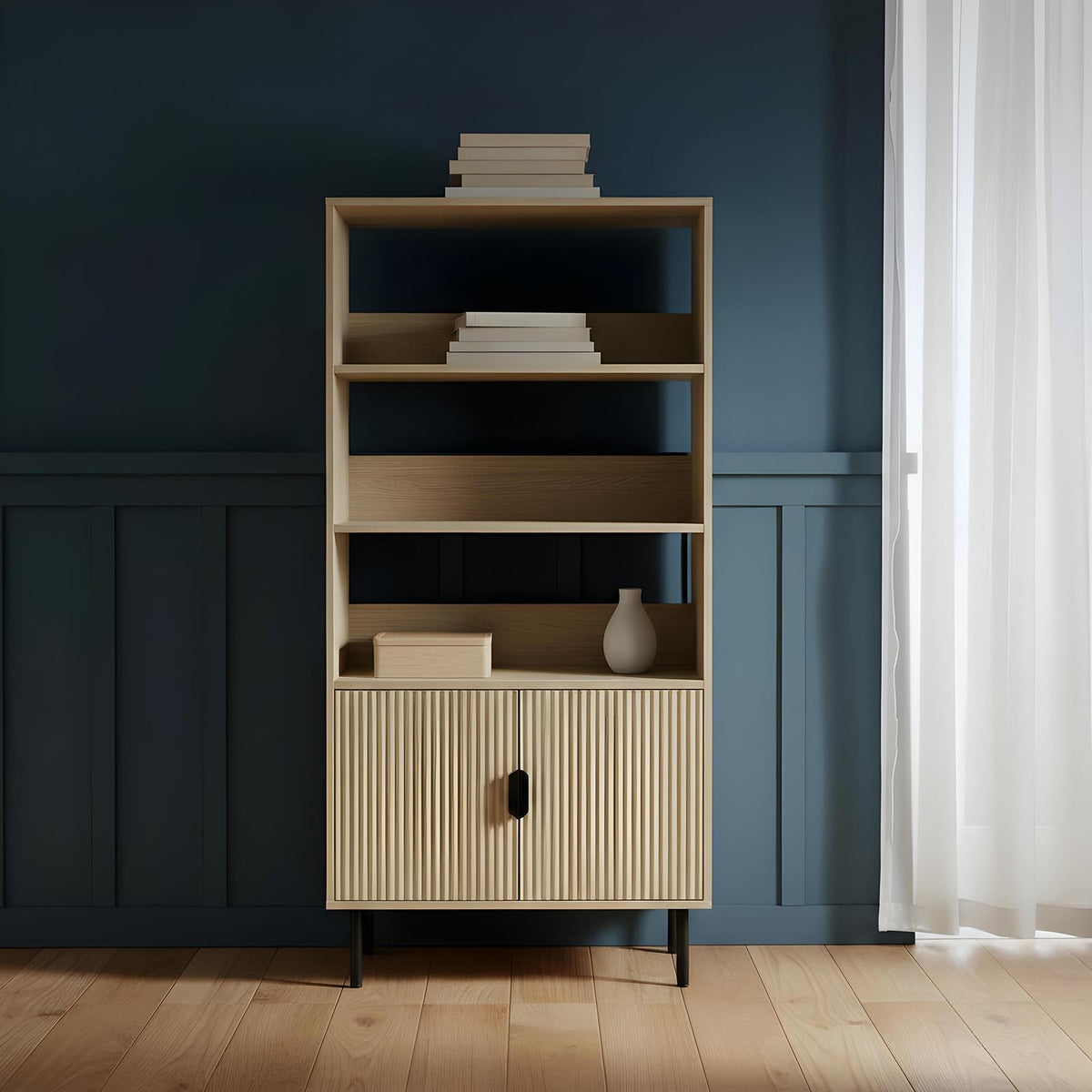 OHS Ribbed Display Cabinets 4 Tier Engineered Wood Shelf Storage Unit