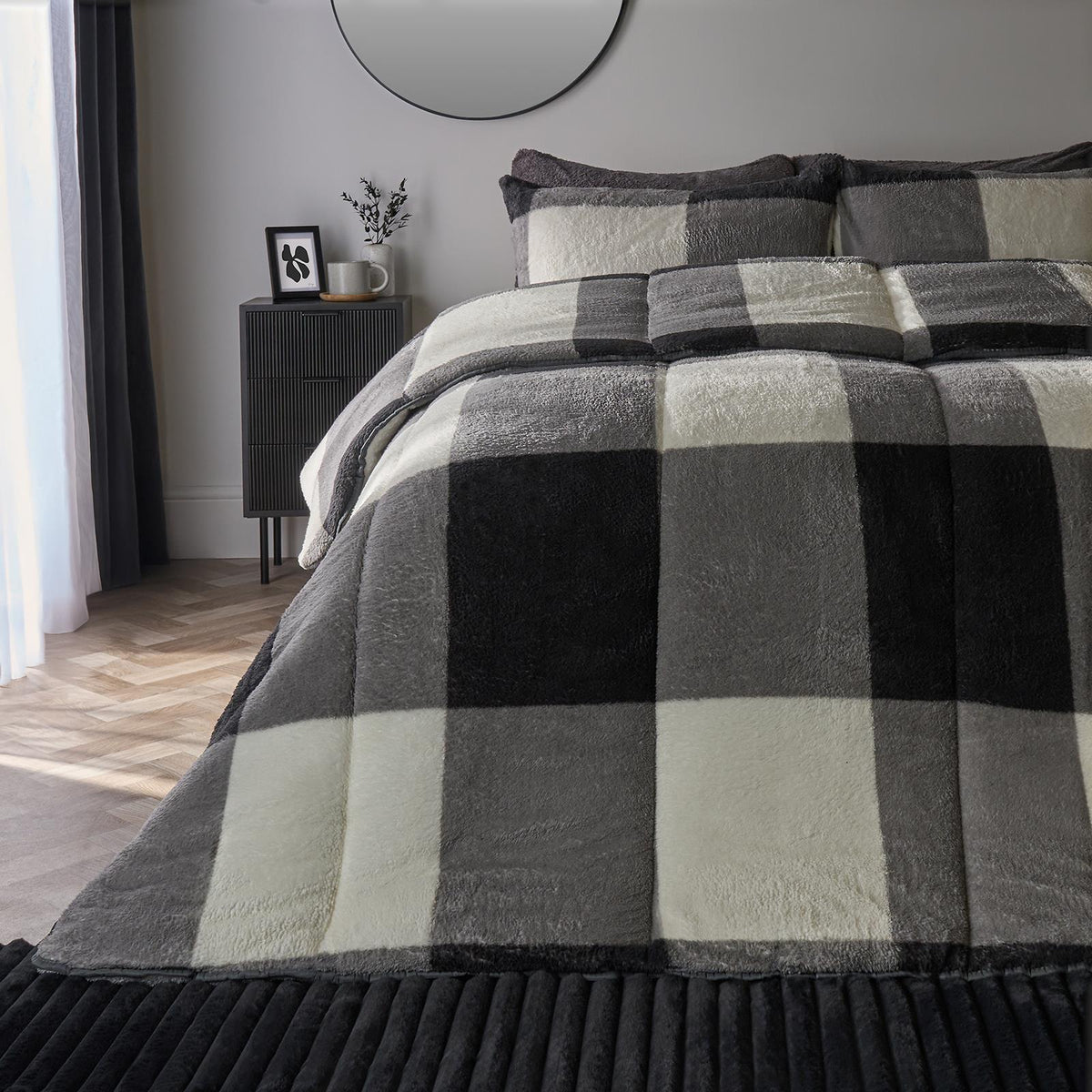 OHS Check Coverless Duvet Pillowcase Bedding Set Teddy Fleece Gingham 10.5 TOG