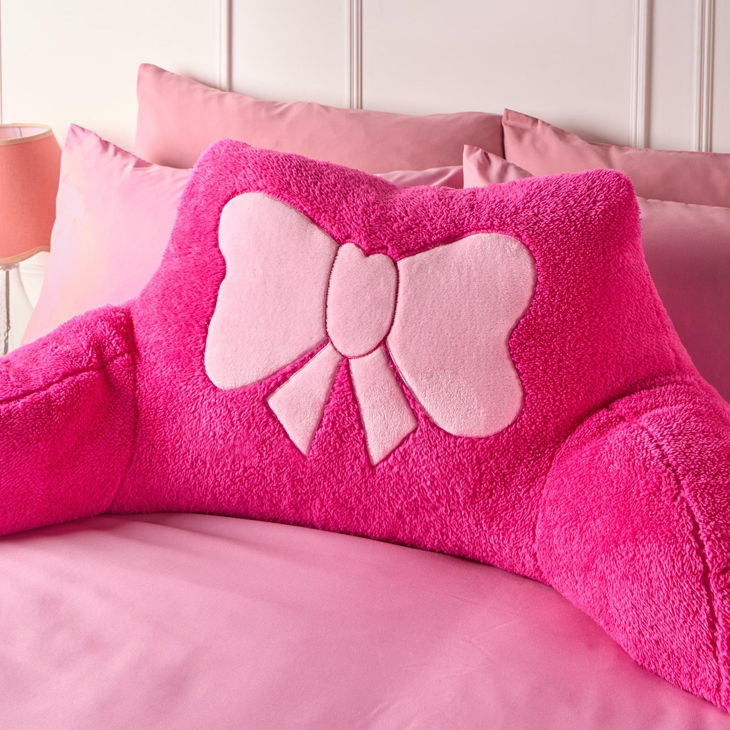 OHS Embroidered Bow Cuddle Cushion Teddy Fleece Reading Pillow with Arms