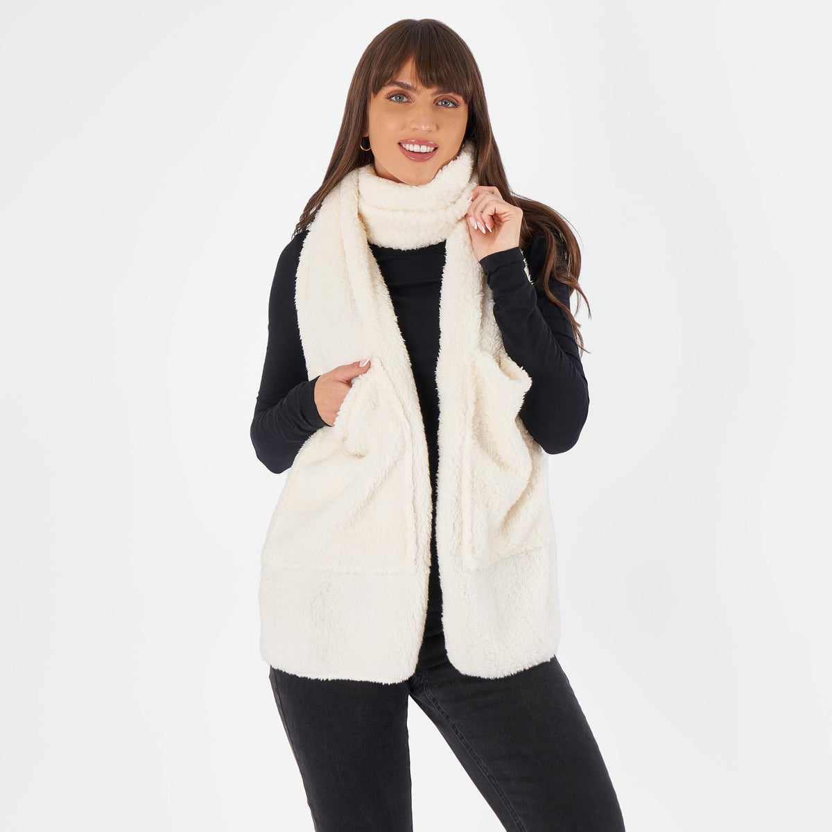OHS Long Teddy Fleece Scarf Pocket Soft Wrap Plush Womens Shawl Neck Hand Warmer