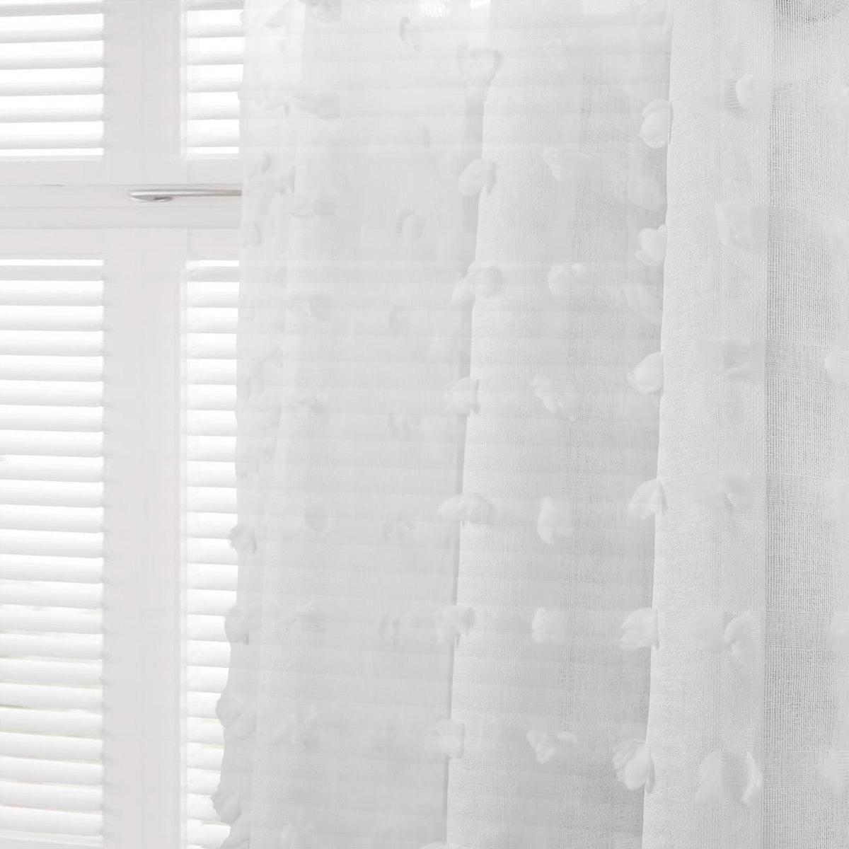 OHS Pompom Tufted Voile Net Curtains Pair 2 Window Panels Slot Top Set 55" Wide