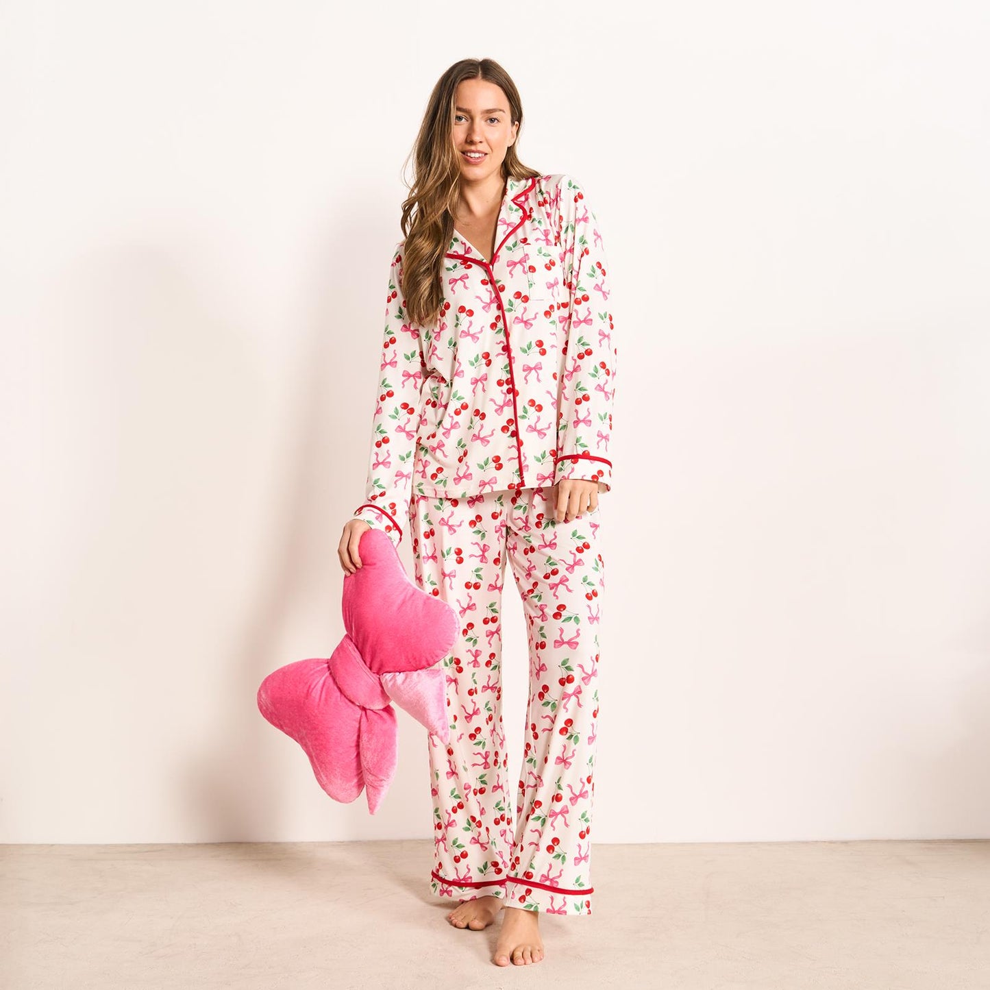 OHS Bows Pyjama Set Womens Jersey Button Through Soft Nightwear Loungewear