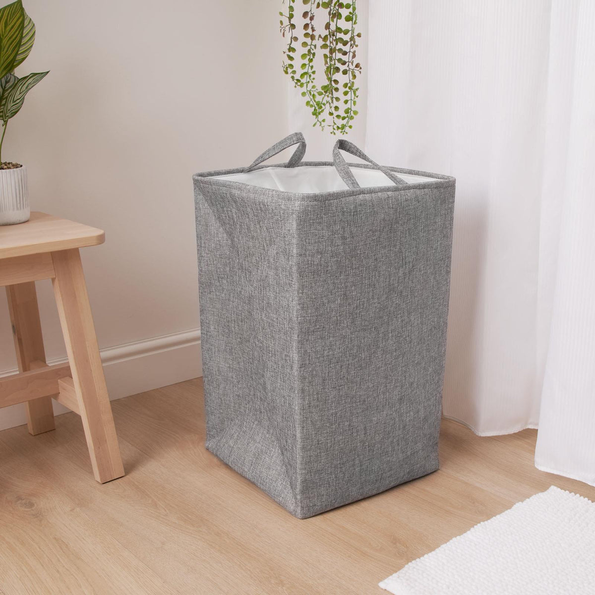 Laundry Basket Bag Foldable Drawstring Clothes Bin Organiser Faux Linen Handles