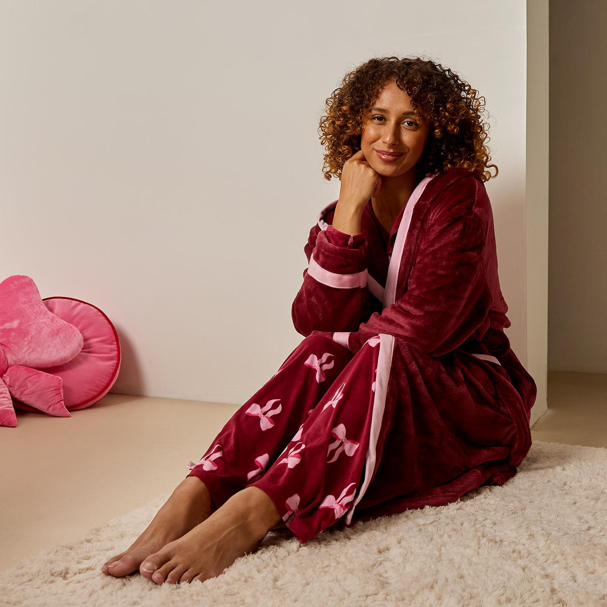 OHS Piped Edge Dressing Gown Flannel Fleece Winter Loungewear Hooded Bathrobe