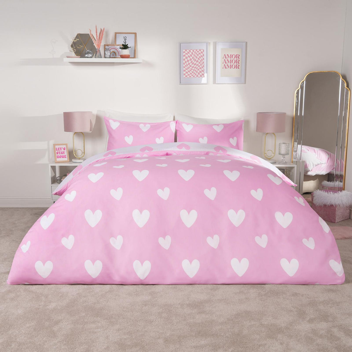 OHS Heart Print Duvet Cover with Pillowcase Quilt Reversible Bedding Set