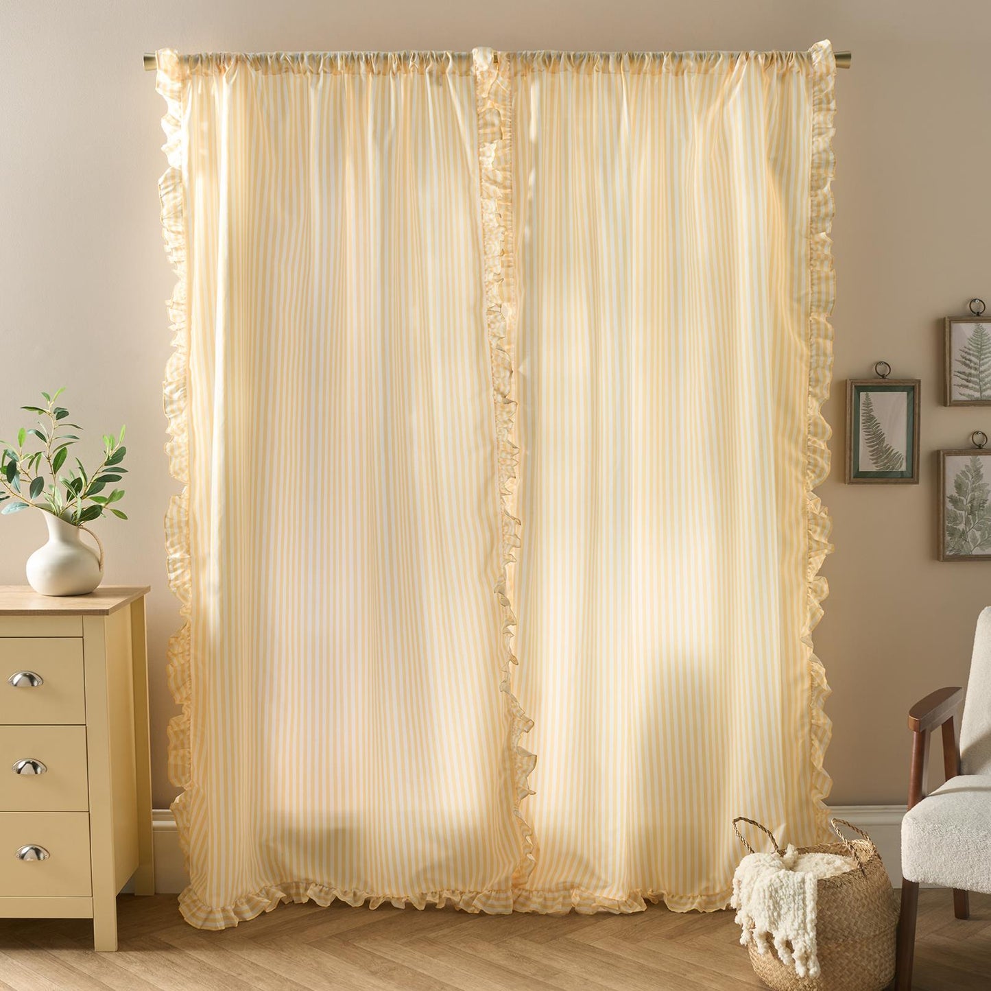 OHS Stripe Frill Voile Net Curtains 2 Window Panels Sheer Rod Slot Top Pair Set
