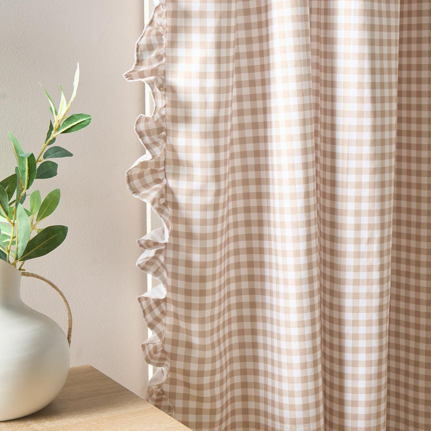 OHS Gingham Frill Voile Net Curtains 2 Window Panels Sheer Rod Slot Top Pair Set