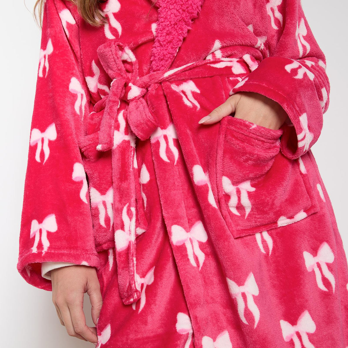 OHS Bows Dressing Gown Flannel Winter Sherpa Lined Loungewear Hooded Bathrobe