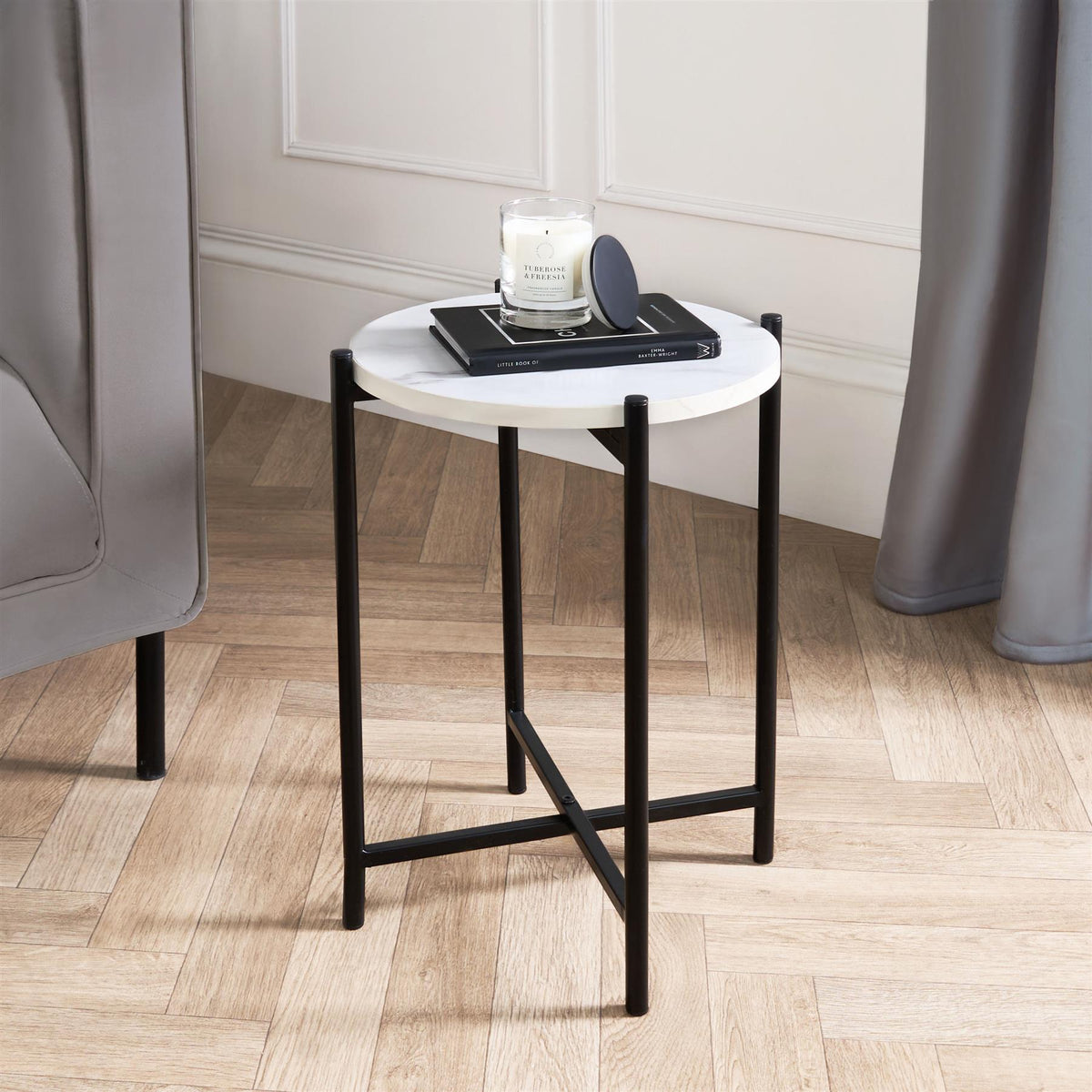 OHS Round Side Table Coffee End Tables with Metal Frame Decorative Nightstand