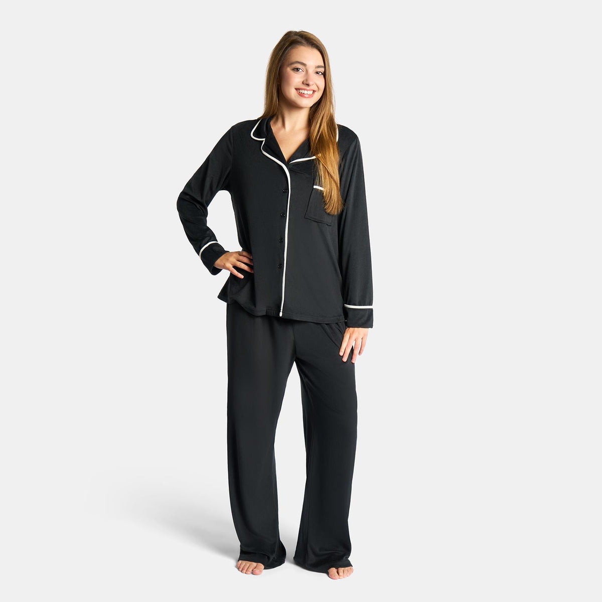 OHS Piped Edge Pyjama Set Button Through Fleece Womens Loungewear Nightwear Pjs