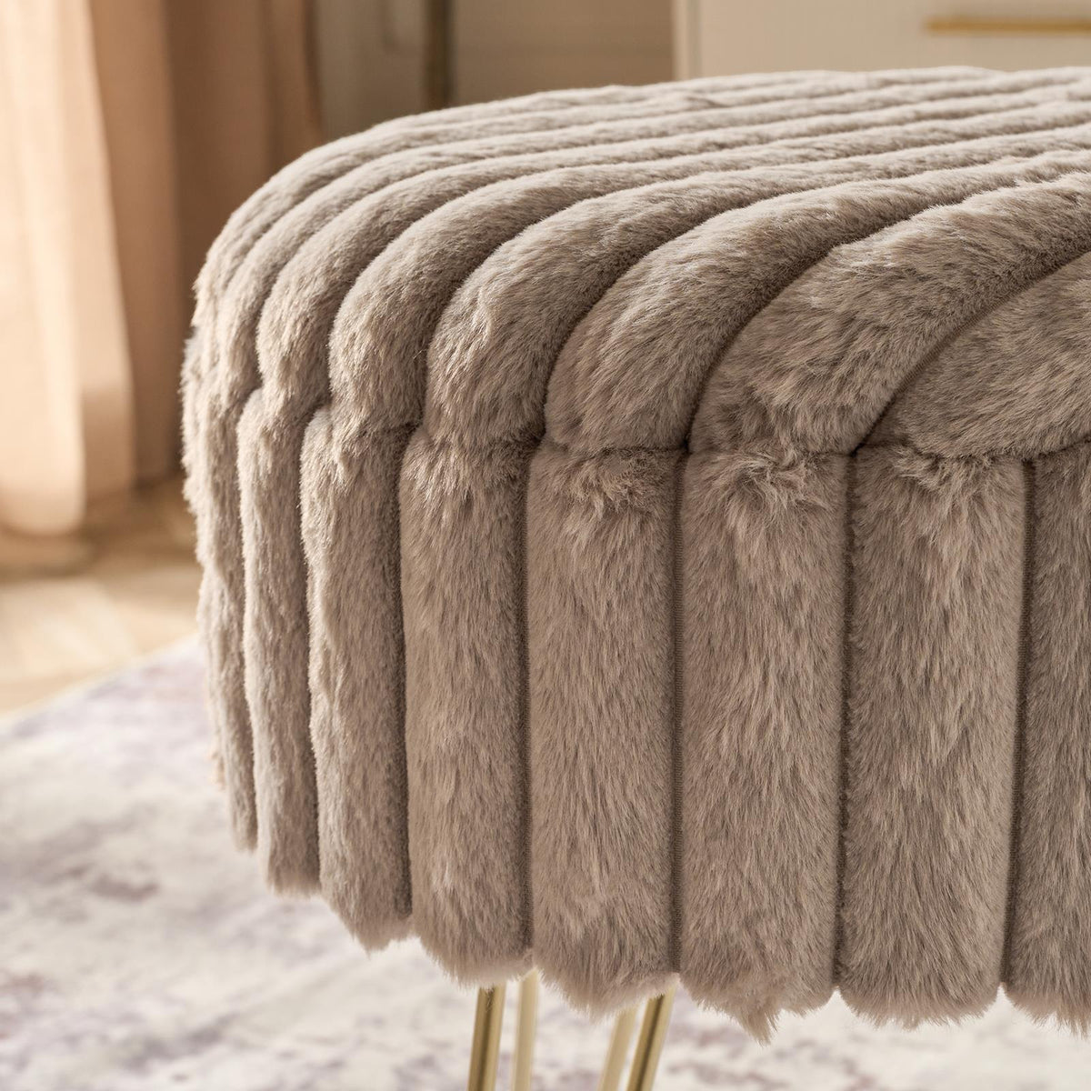 OHS Faux Fur Stool Hairpin Ribbed Fleece Round Vanity Seat Foot Rest Chair