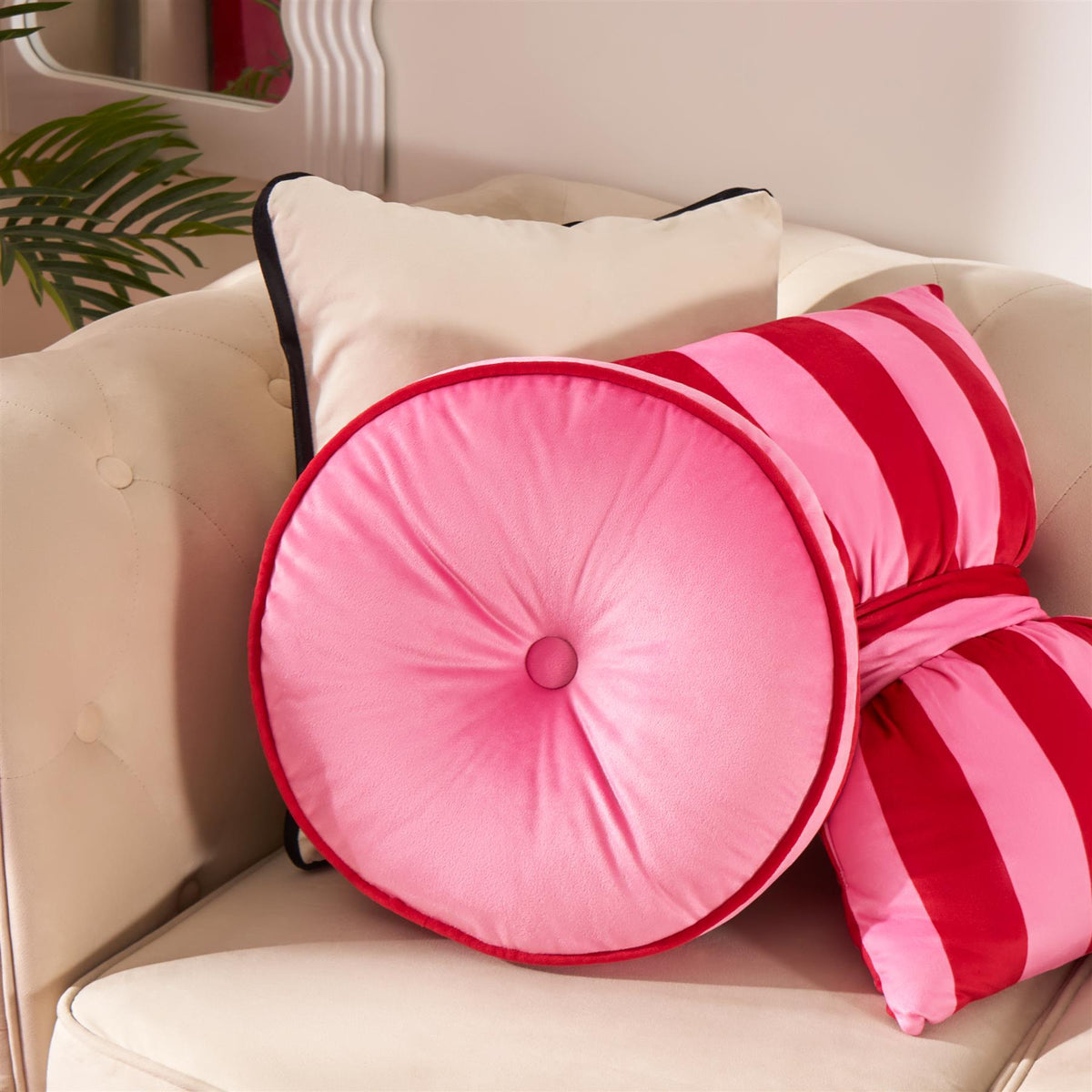 OHS Velvet Filled Cushion Round Bedroom Decor Scatter Chair Sofa Button Pillow
