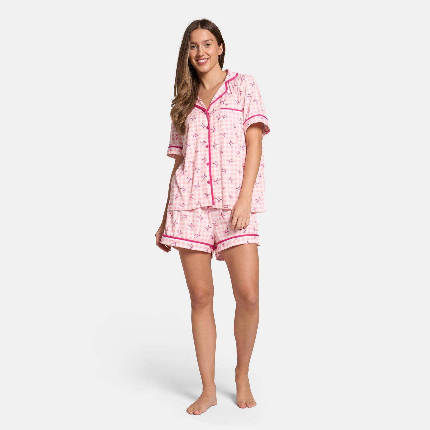 OHS Bows Short Pyjama Set Womens Jersey Button Through Soft Nightwear Loungewear