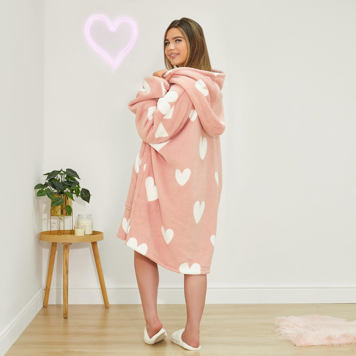 OHS Heart Print Hoodie Blanket Oversized Adult Fleece Sherpa Throw Jumper