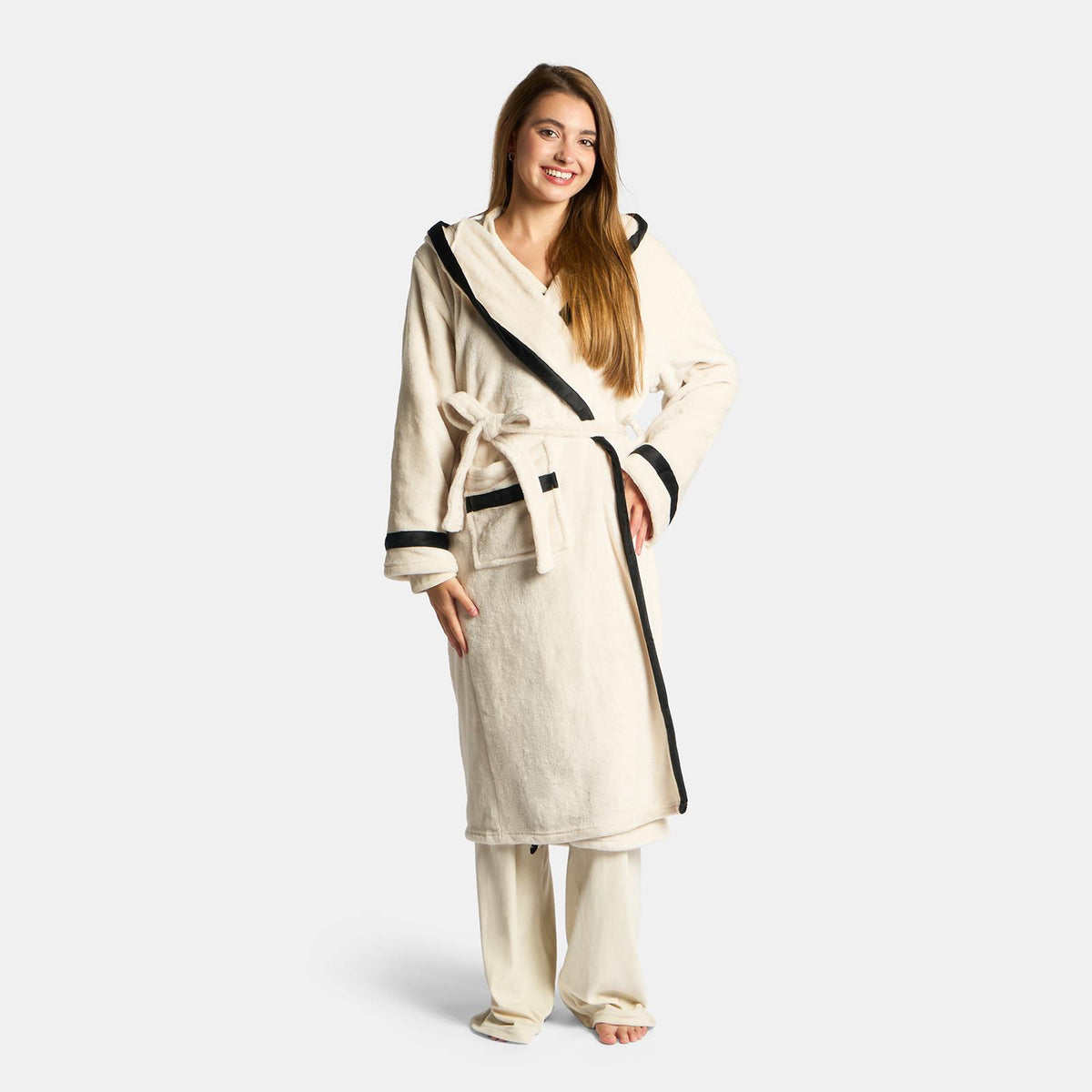 OHS Piped Edge Dressing Gown Flannel Fleece Winter Loungewear Hooded Bathrobe