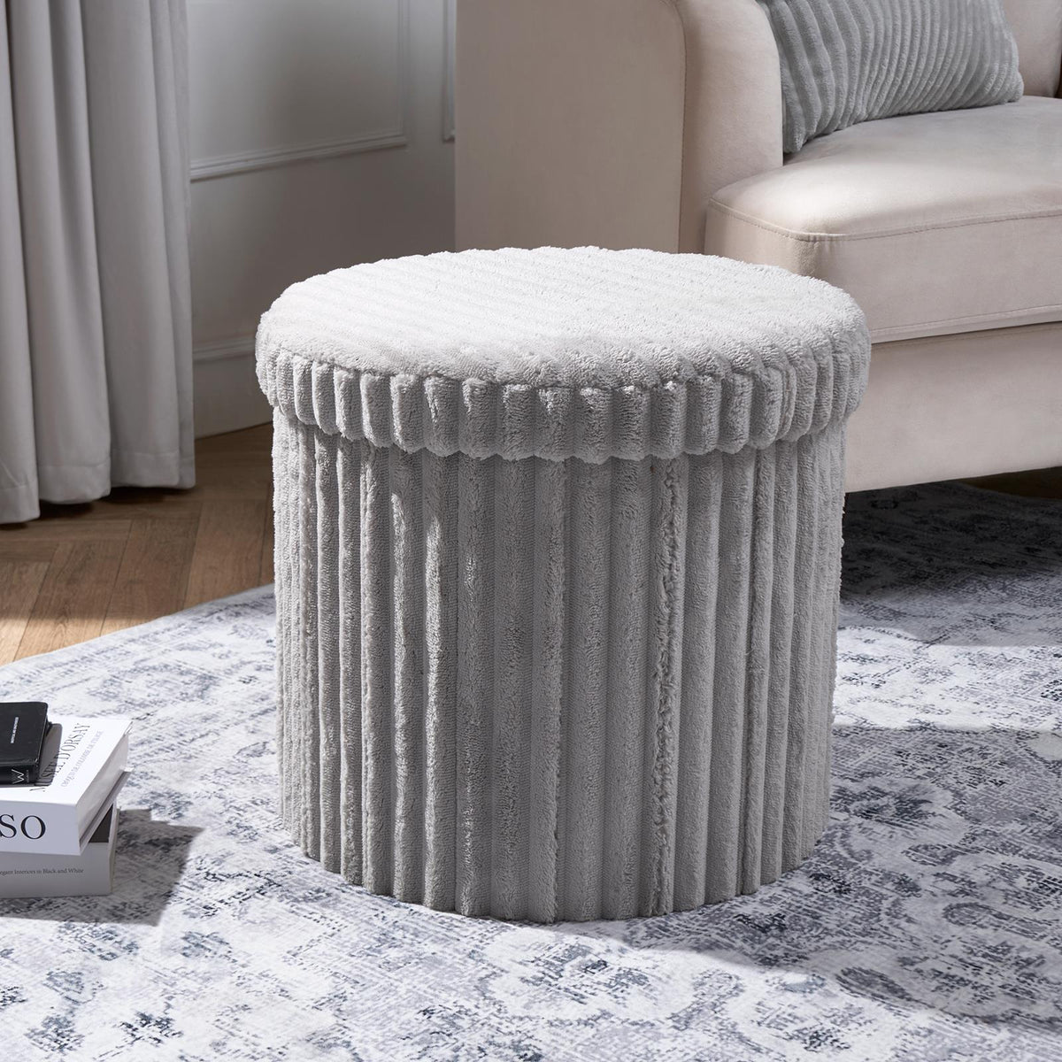 OHS Storage Box Lid Ottoman Folding Ribbed Fleece Footstool Tub Seat
