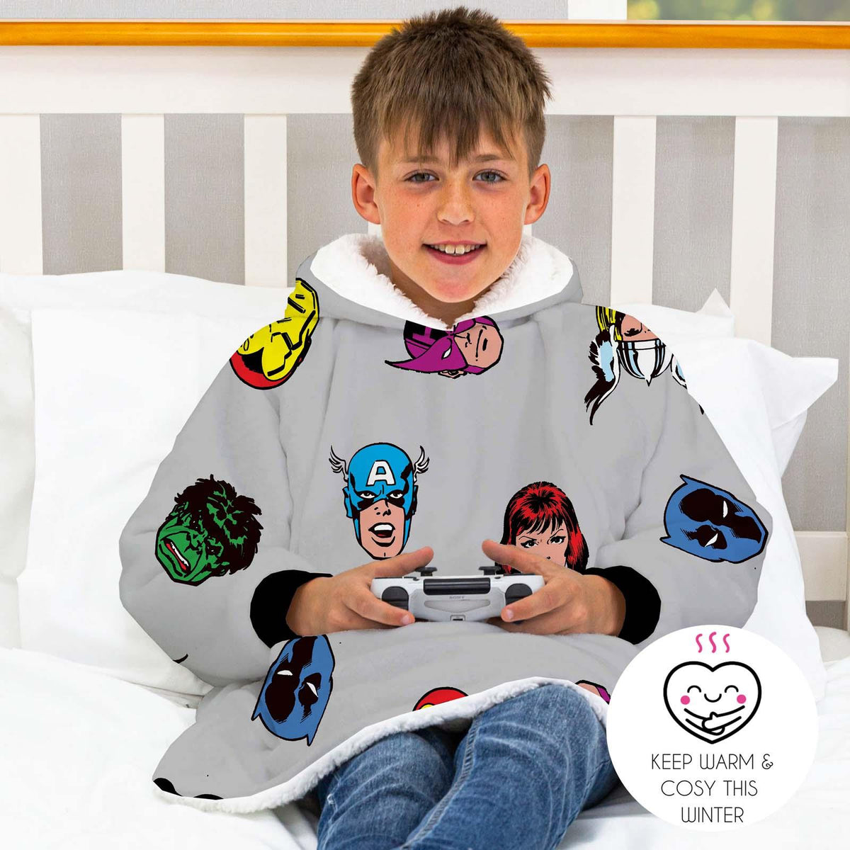 Marvel Comics Hoodie Blanket Sherpa Fleece Soft Oversized Jumper Throw, Grey