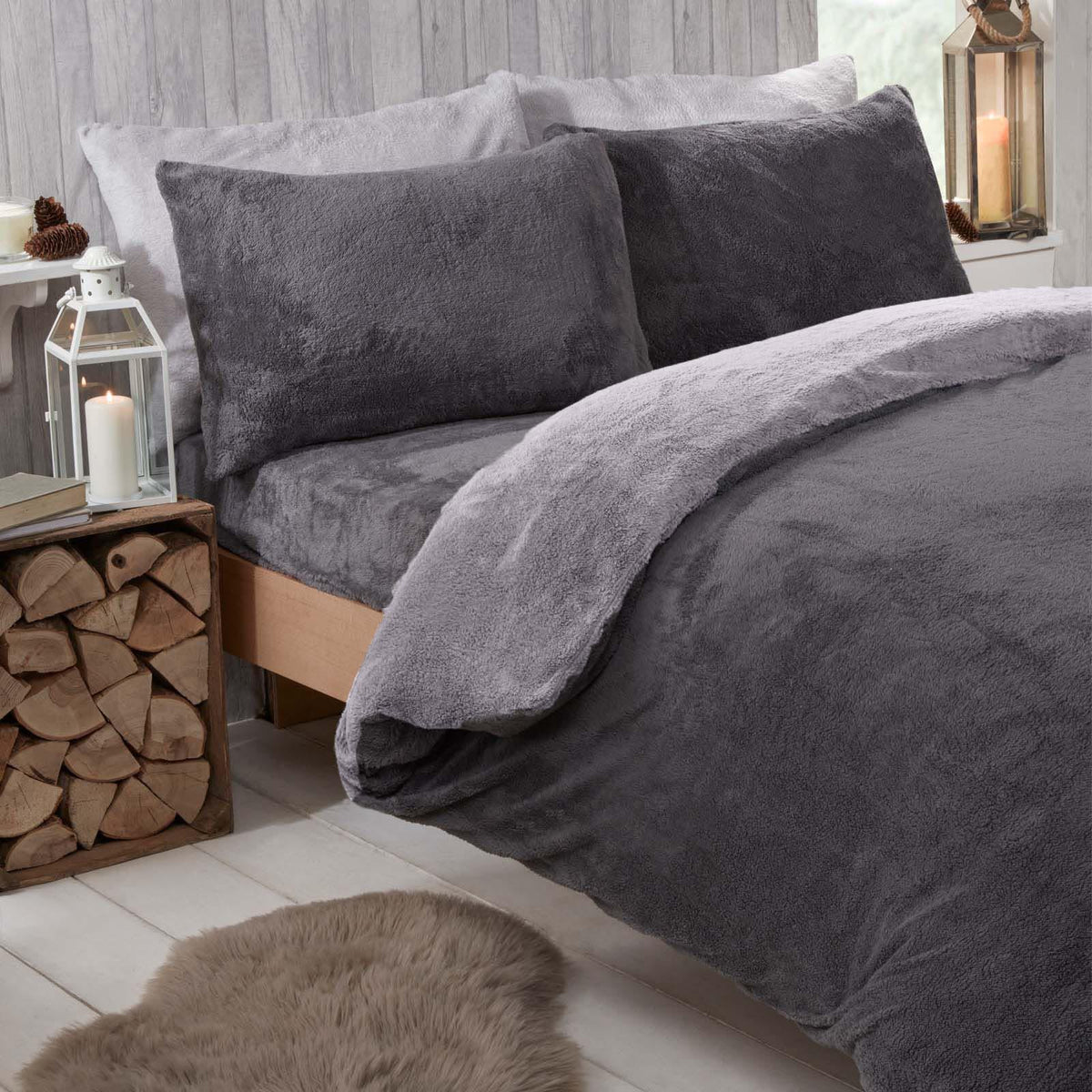 OHS Reversible Teddy Fleece Duvet Cover with Pillowcase Bedding Set Grey