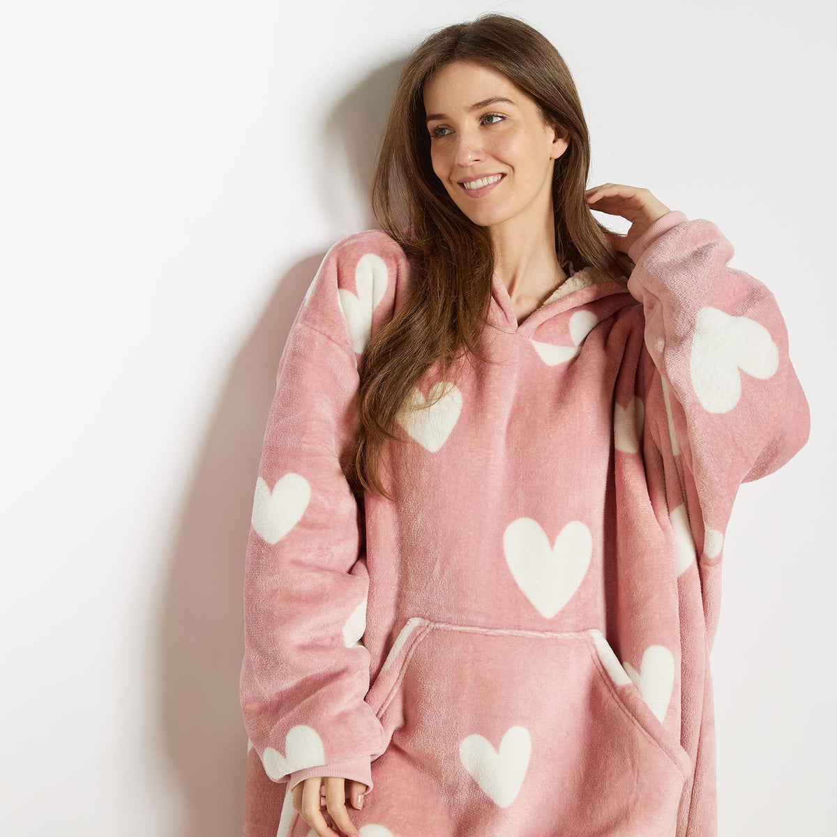 OHS Heart Print Hoodie Blanket Oversized Adult Fleece Sherpa Throw Jumper