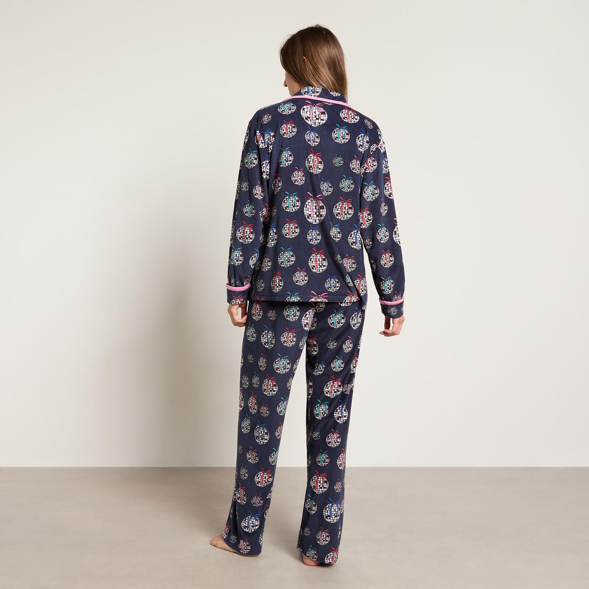 OHS Matte Velvet Pyjama Set Festive Piped Button Through Nightwear PJs