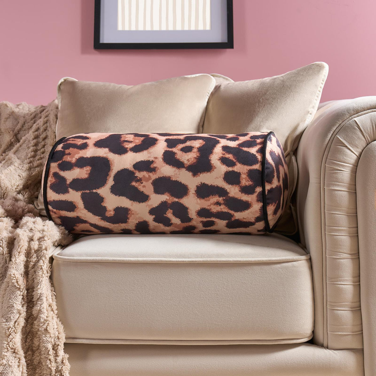 OHS Piped Edge Bolster Cushion Matte Velvet Bedroom Sofa Plump Filled Pillow