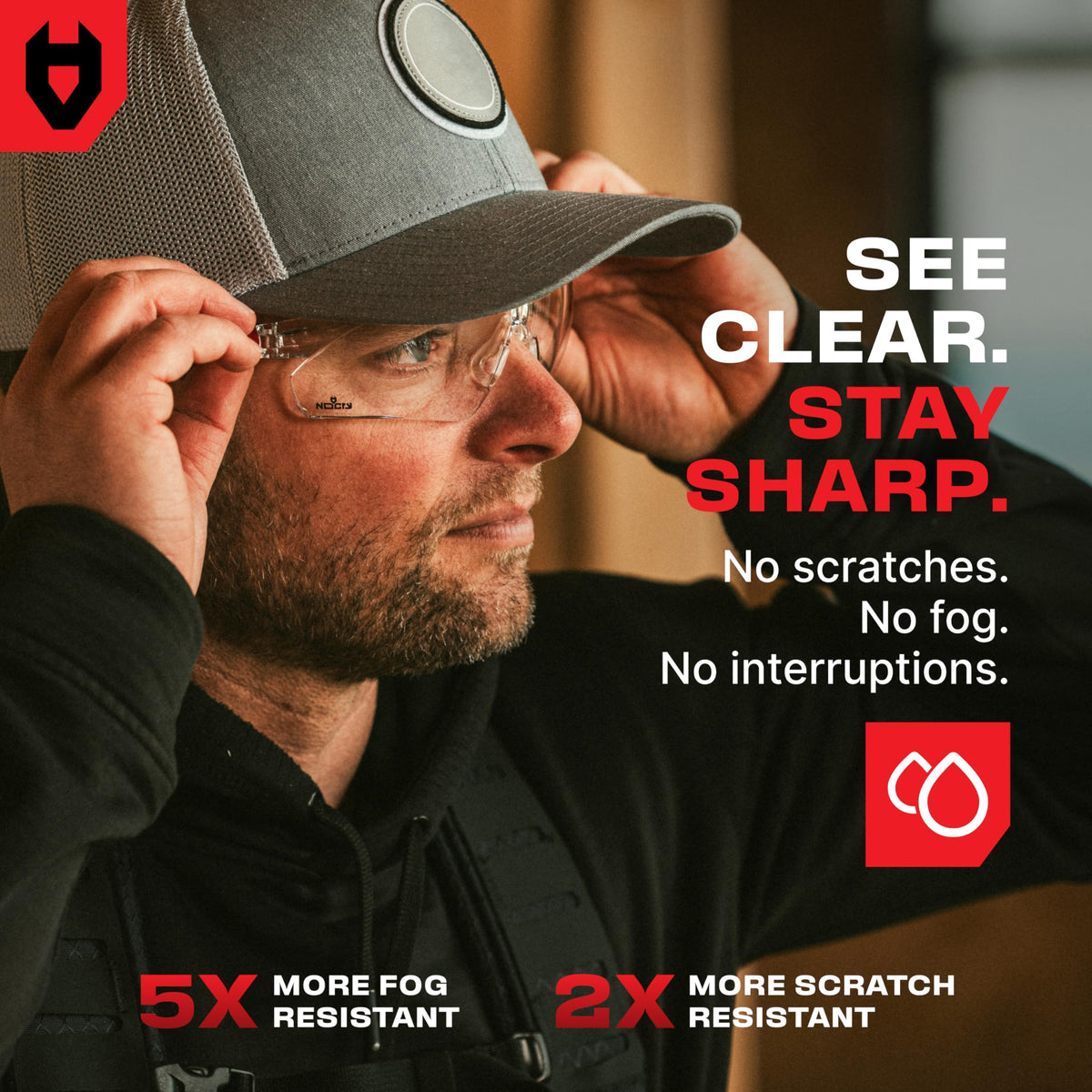 NoCry Clear Safety Glasses for Work with Anti Fog Scratch Resistant Wrap-Around Lenses and Non-Slip Grips, UV Protection. Adjustable Eye Protection Cycling and Squash Glasses with Black & Green Frames